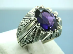 Turkish Handmade Jewelry 925 Sterling Silver Amethyst Stone Engraved Mens Rings