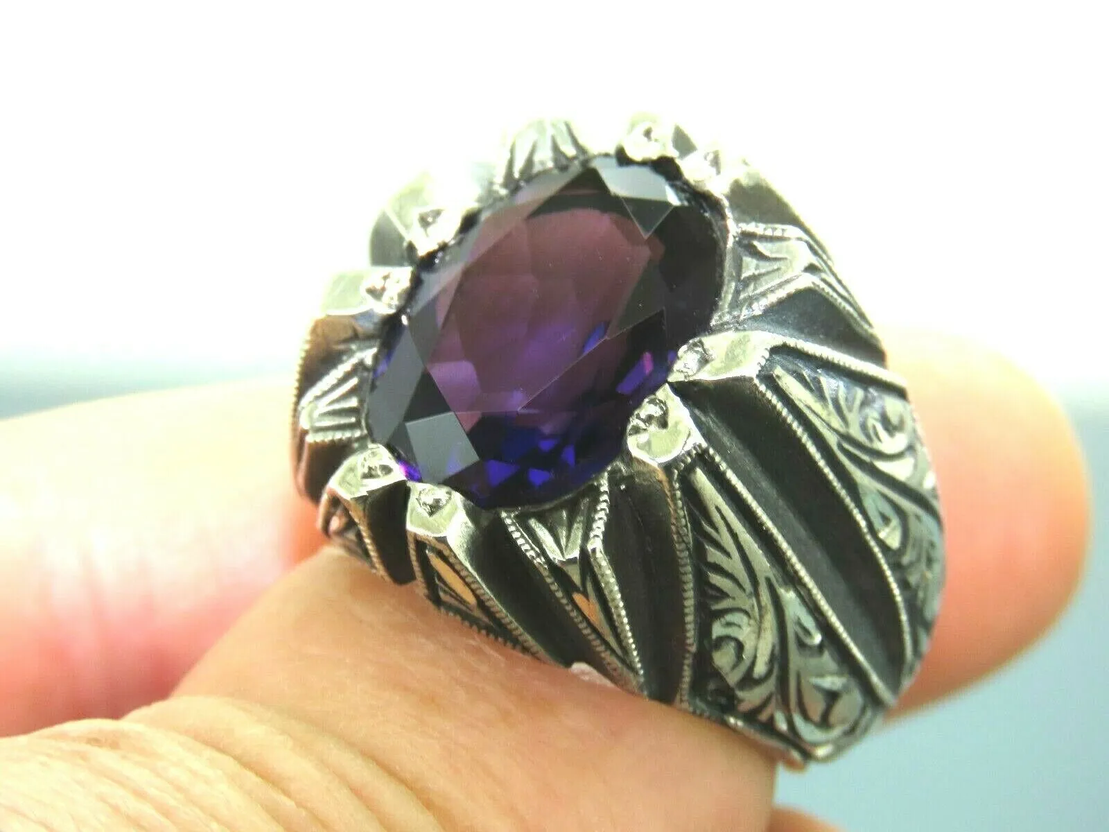 Turkish Handmade Jewelry 925 Sterling Silver Amethyst Stone Engraved Mens Rings