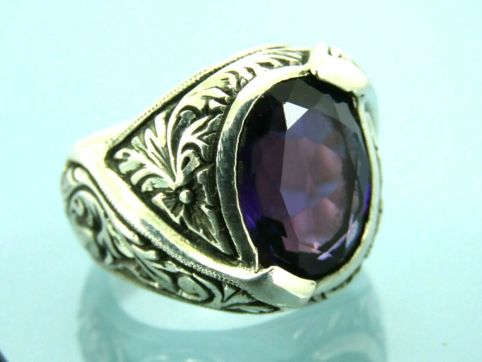 Turkish Handmade Jewelry 925 Sterling Silver Amethyst Stone Engraved Mens Rings