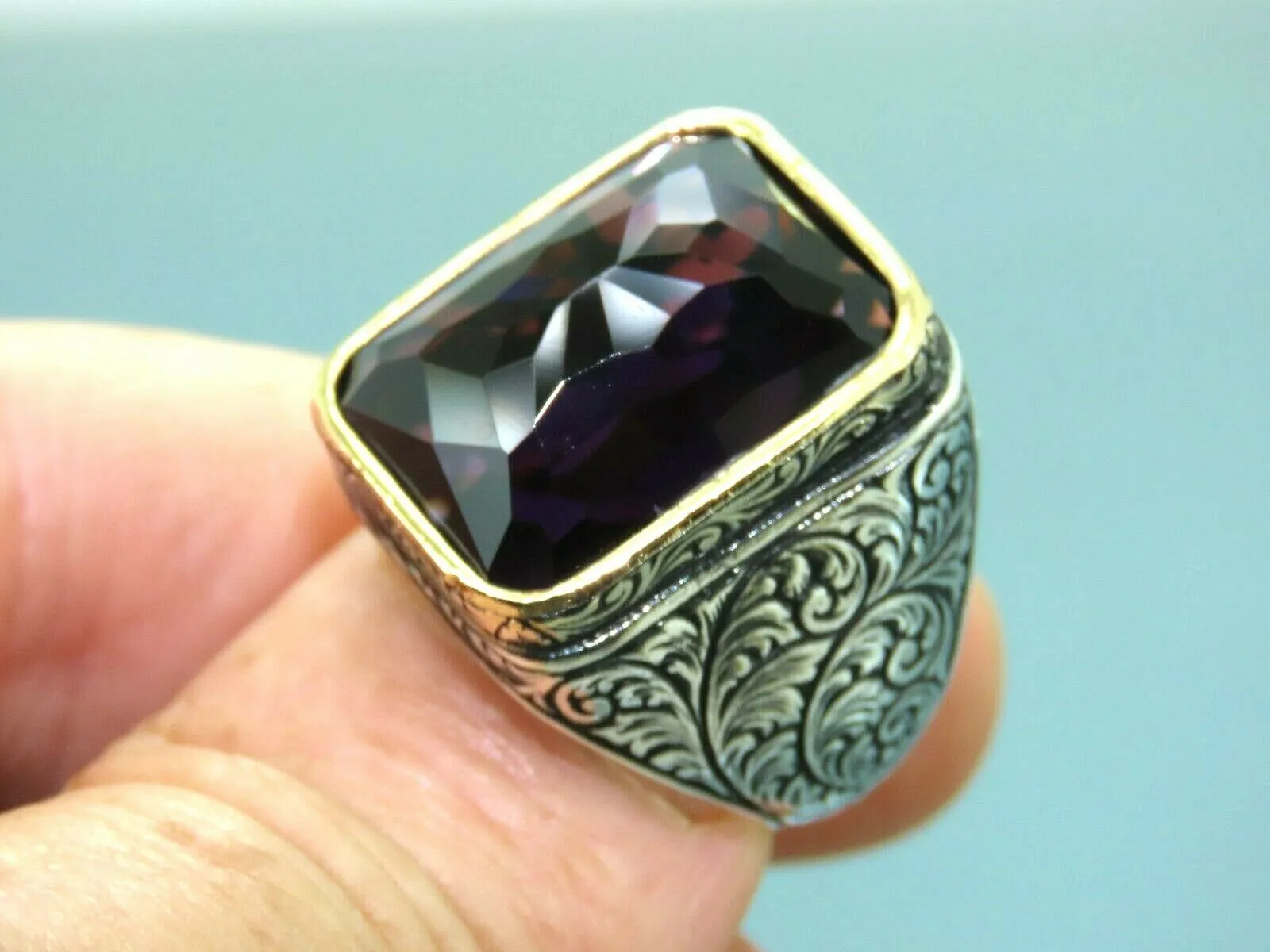 Turkish Handmade Jewelry 925 Sterling Silver Amethyst Stone Engraved Mens Rings