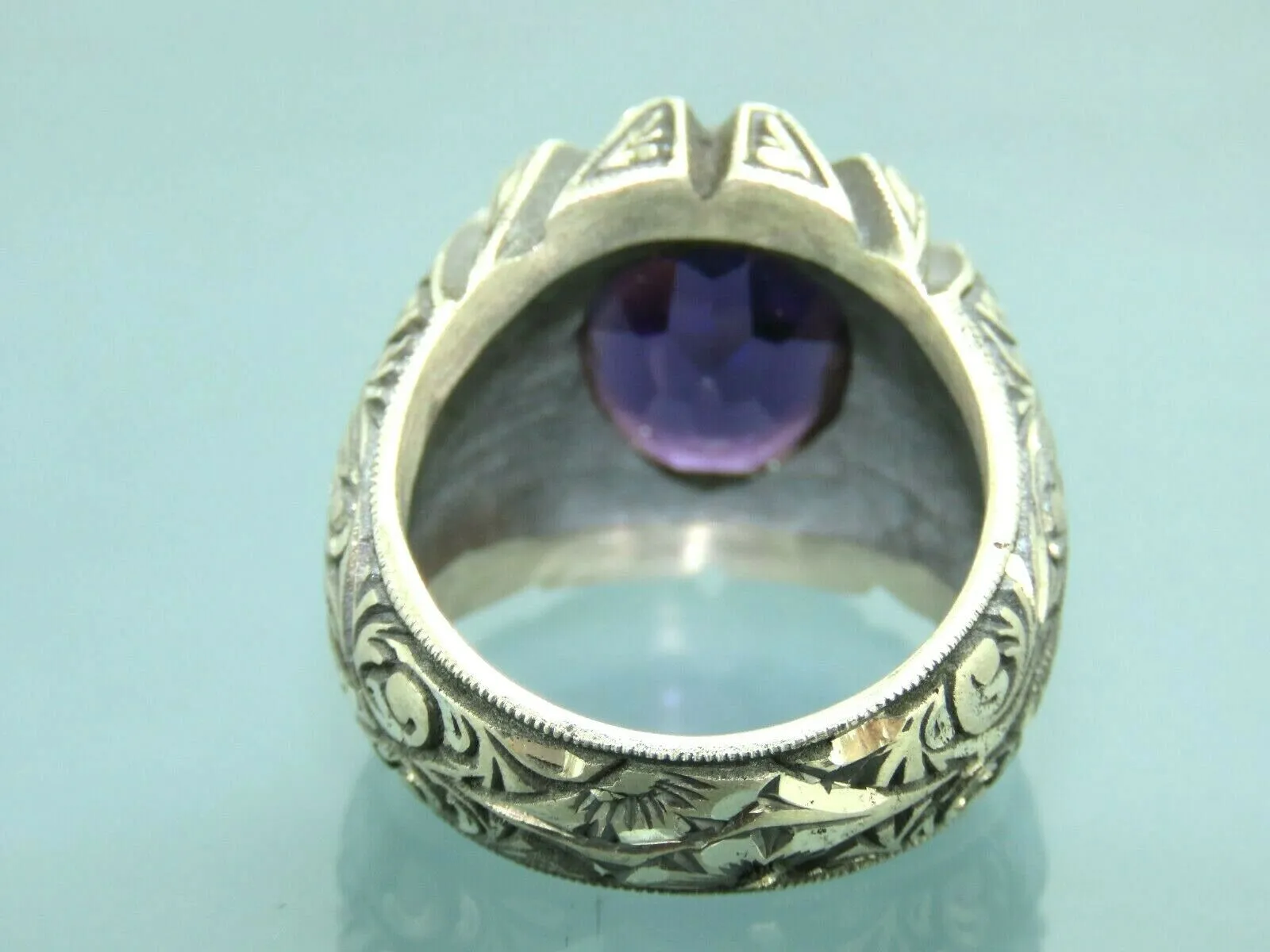 Turkish Handmade Jewelry 925 Sterling Silver Amethyst Stone Engraved Mens Rings