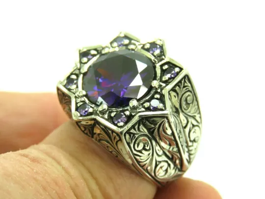 Turkish Handmade Jewelry 925 Sterling Silver Amethyst Stone Men's Rings