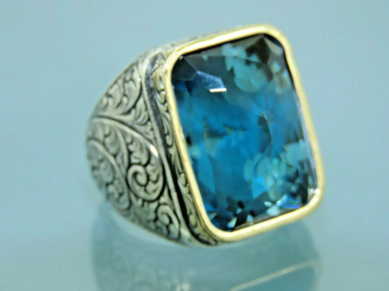 Turkish Handmade Jewelry 925 Sterling Silver Aquamarine Stone Engraved Mens Rings