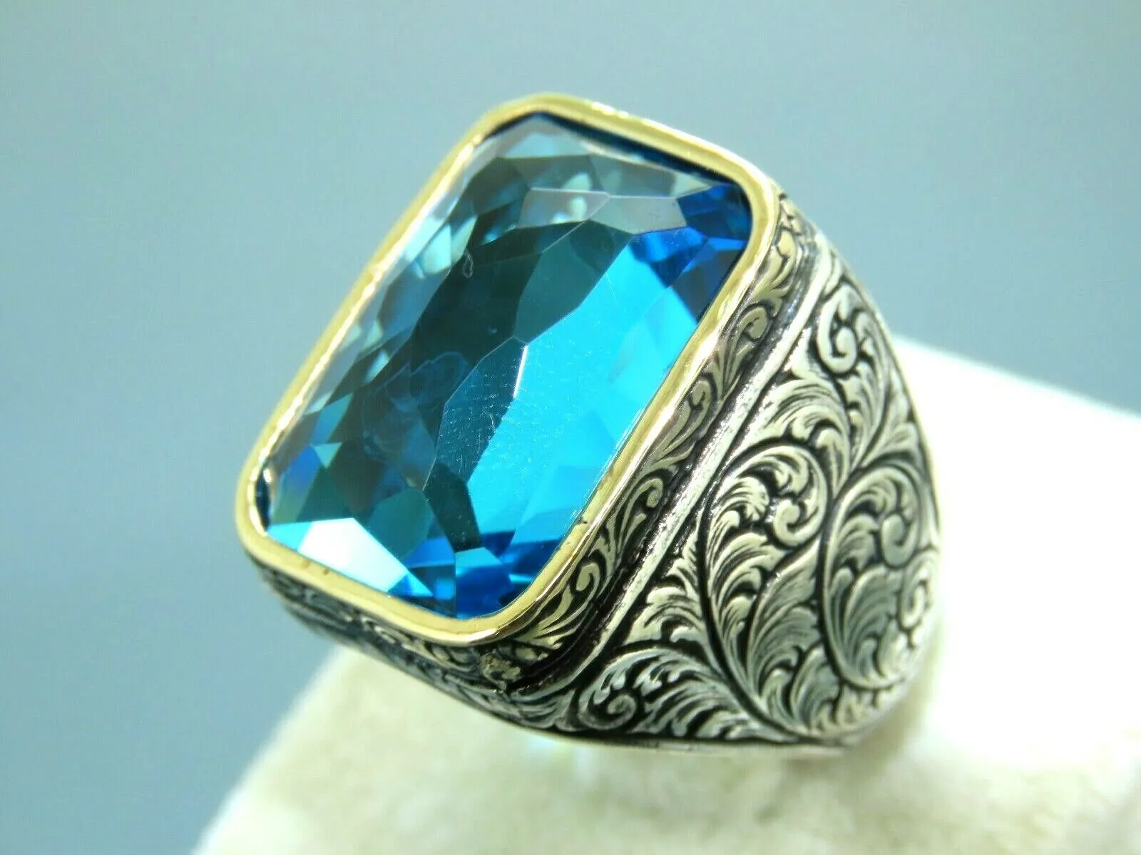 Turkish Handmade Jewelry 925 Sterling Silver Aquamarine Stone Engraved Mens Rings