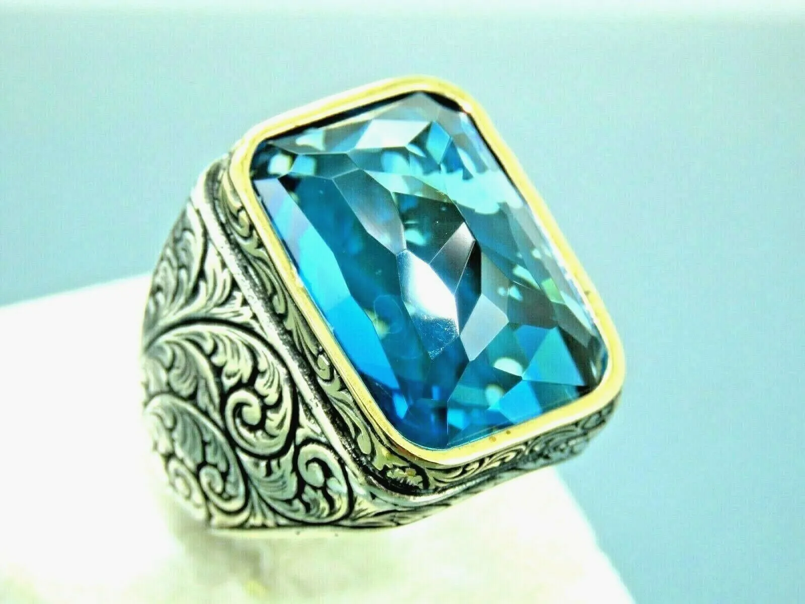 Turkish Handmade Jewelry 925 Sterling Silver Aquamarine Stone Engraved Mens Rings