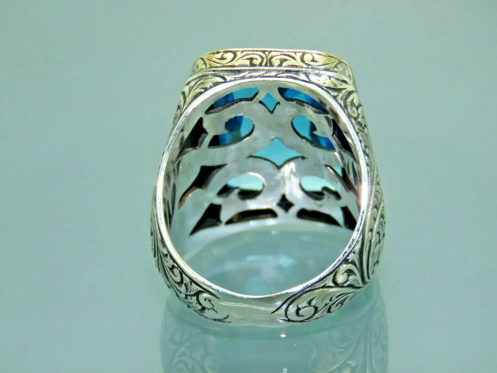Turkish Handmade Jewelry 925 Sterling Silver Aquamarine Stone Engraved Mens Rings