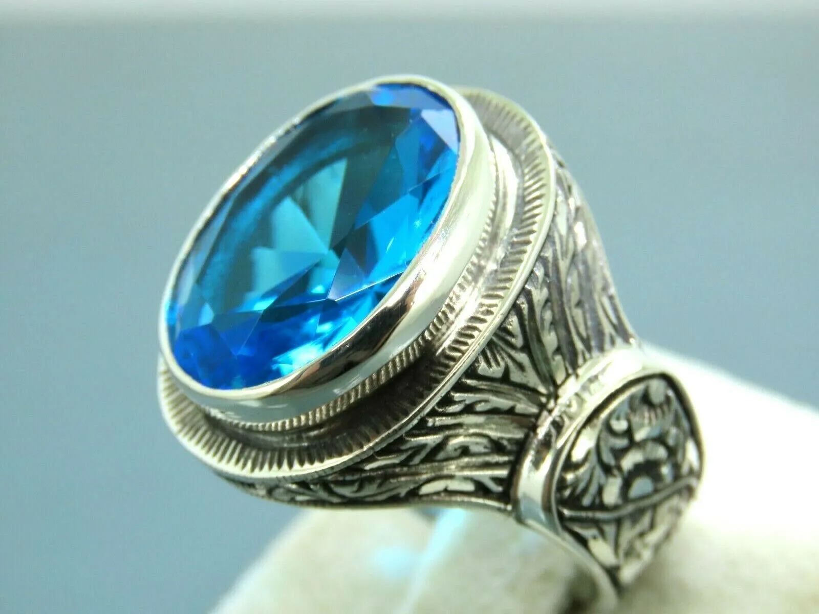 Turkish Handmade Jewelry 925 Sterling Silver Aquamarine Stone Mens Rings