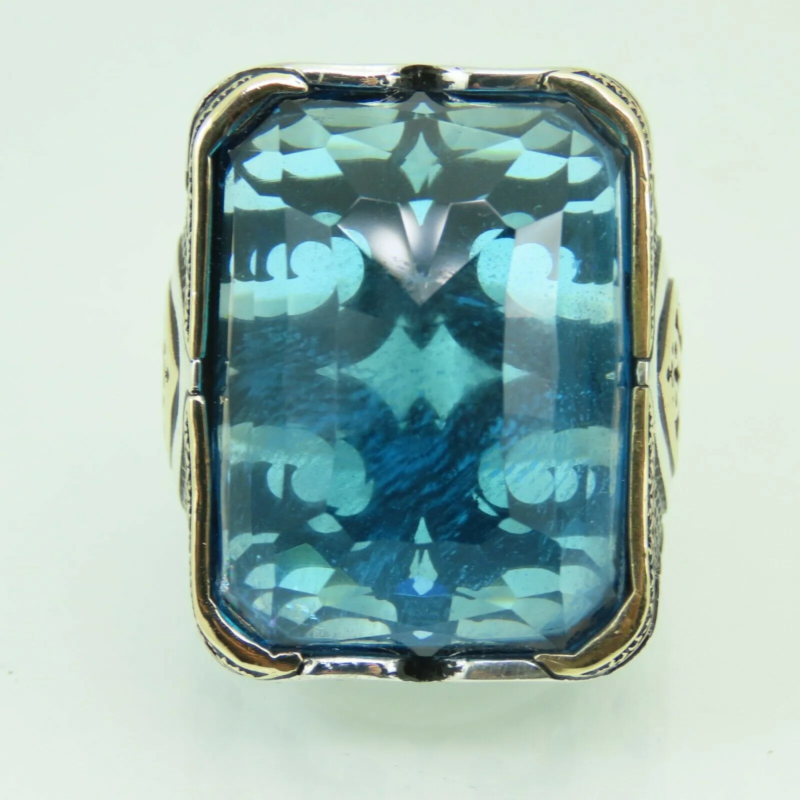 Turkish Handmade Jewelry 925 Sterling Silver Aquamarine Stone Mens Rings