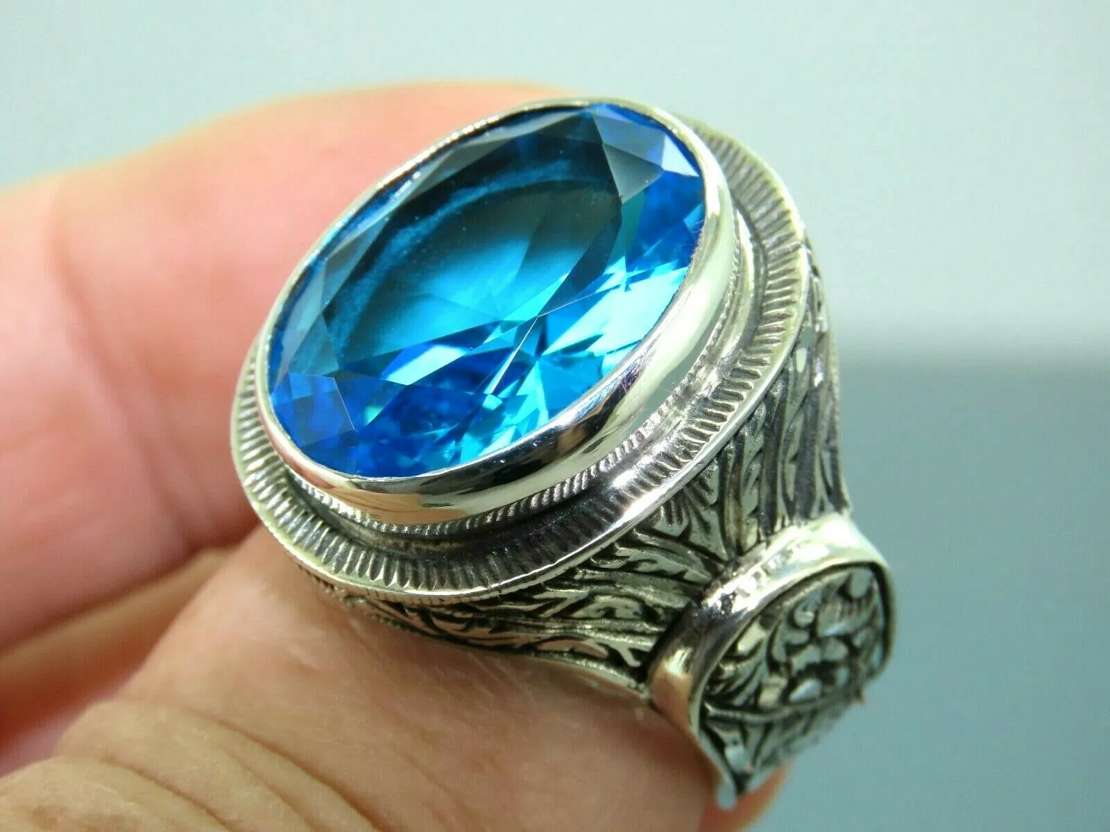 Turkish Handmade Jewelry 925 Sterling Silver Aquamarine Stone Mens Rings