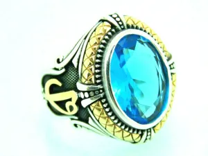 Turkish Handmade Jewelry 925 Sterling Silver Aquamarine Stone Mens Rings