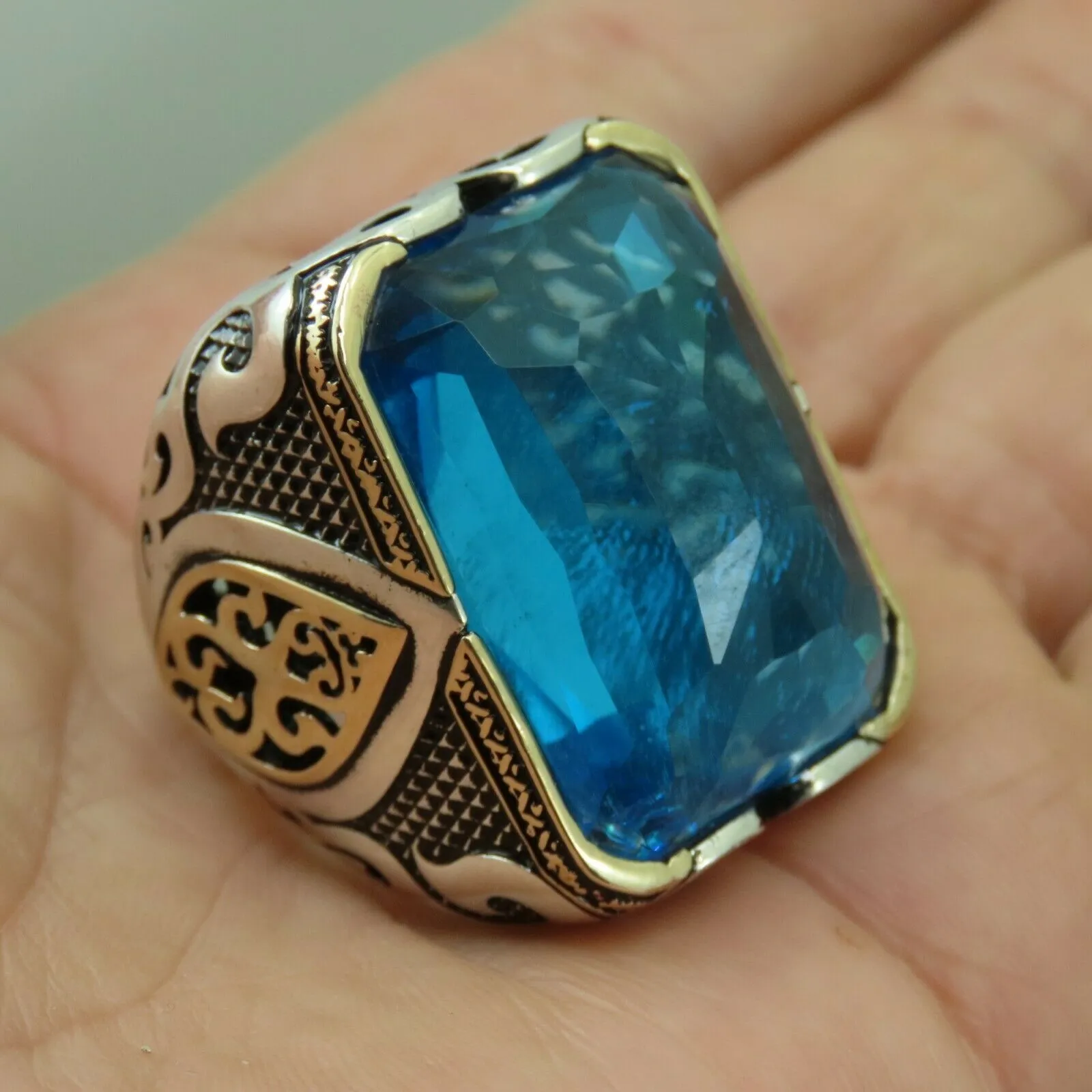 Turkish Handmade Jewelry 925 Sterling Silver Aquamarine Stone Mens Rings