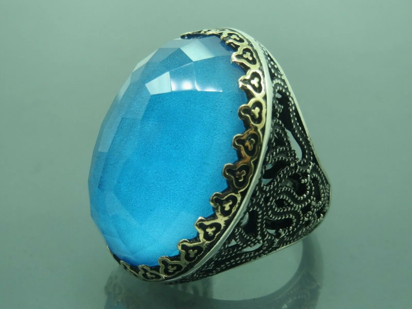 Turkish Handmade Jewelry 925 Sterling Silver Aquamarine Stone Mens Rings