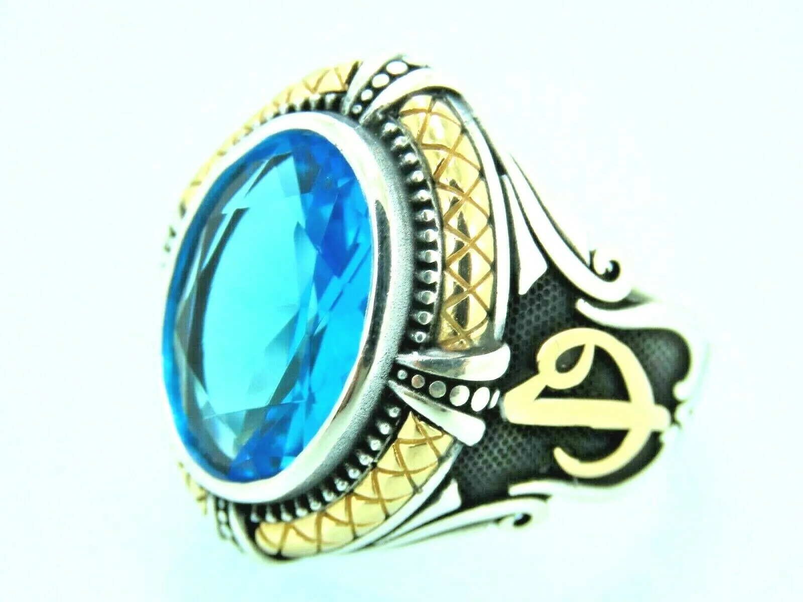 Turkish Handmade Jewelry 925 Sterling Silver Aquamarine Stone Mens Rings