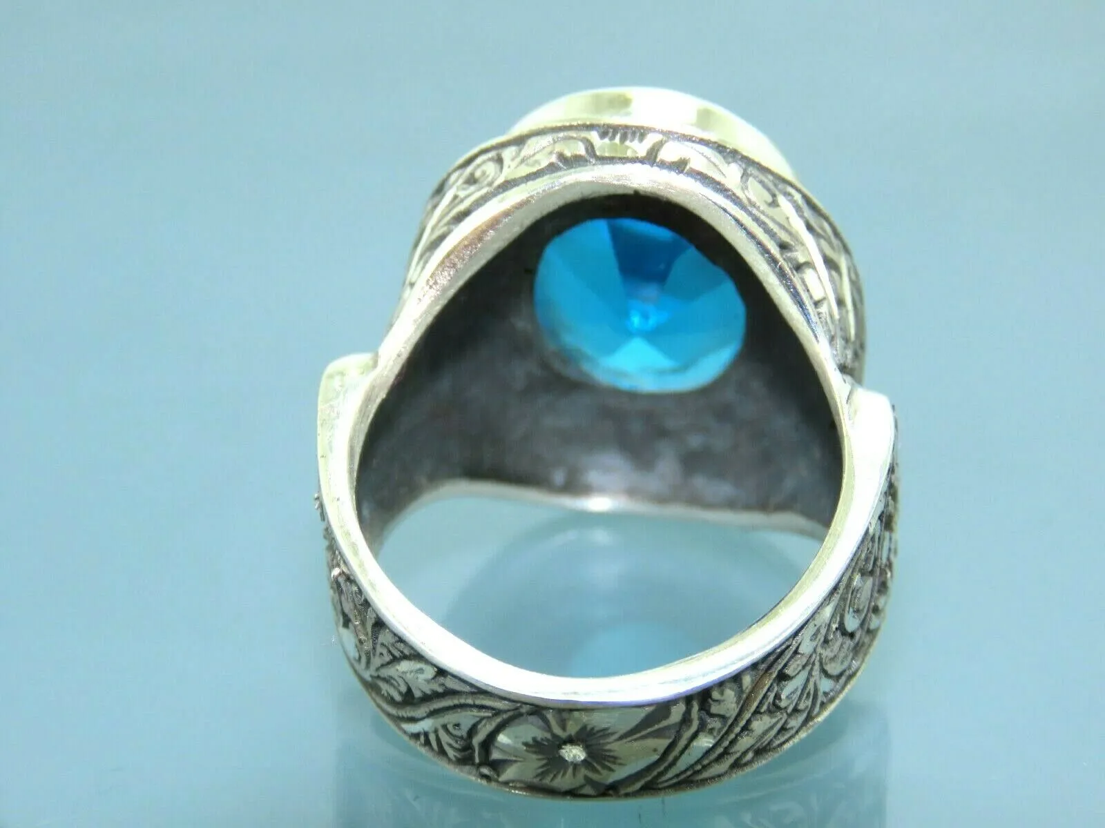 Turkish Handmade Jewelry 925 Sterling Silver Aquamarine Stone Mens Rings