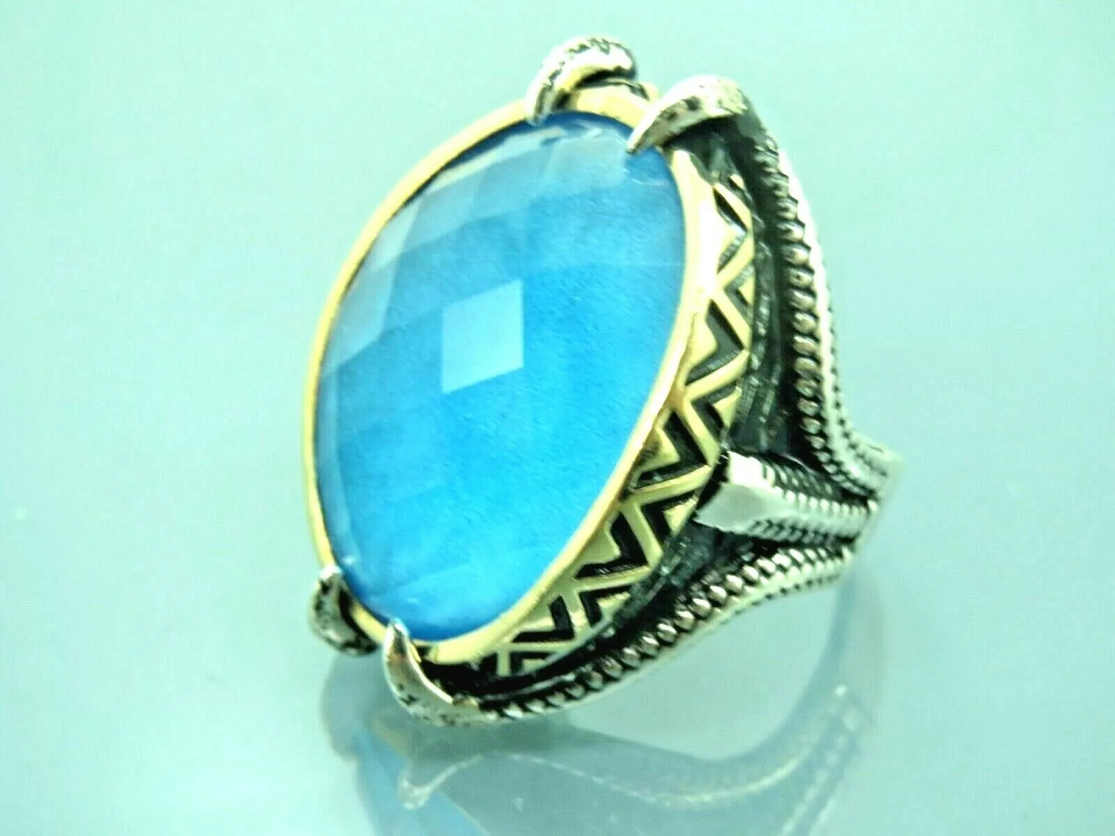 Turkish Handmade Jewelry 925 Sterling Silver Aquamarine Stone Mens Rings
