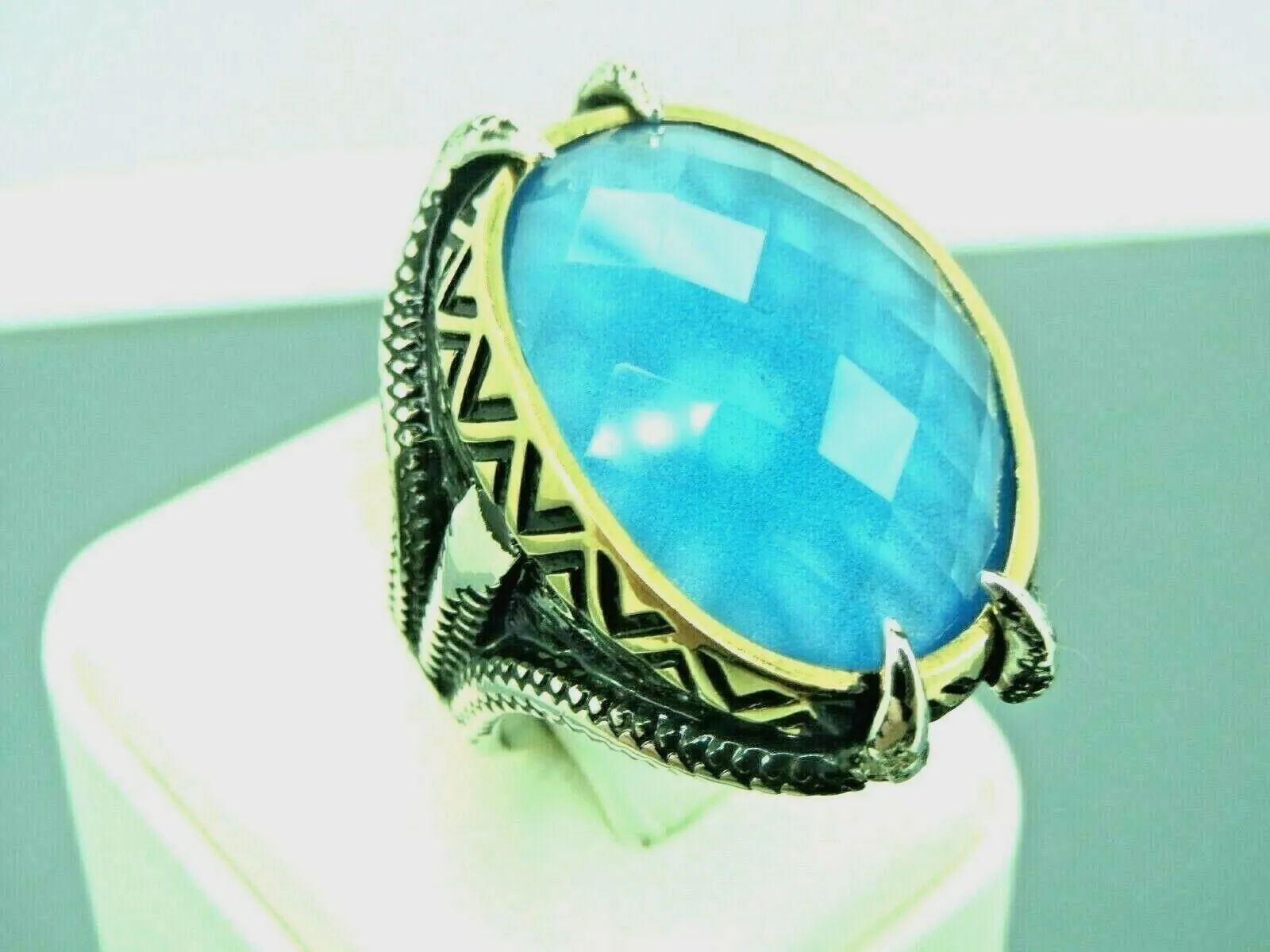 Turkish Handmade Jewelry 925 Sterling Silver Aquamarine Stone Mens Rings