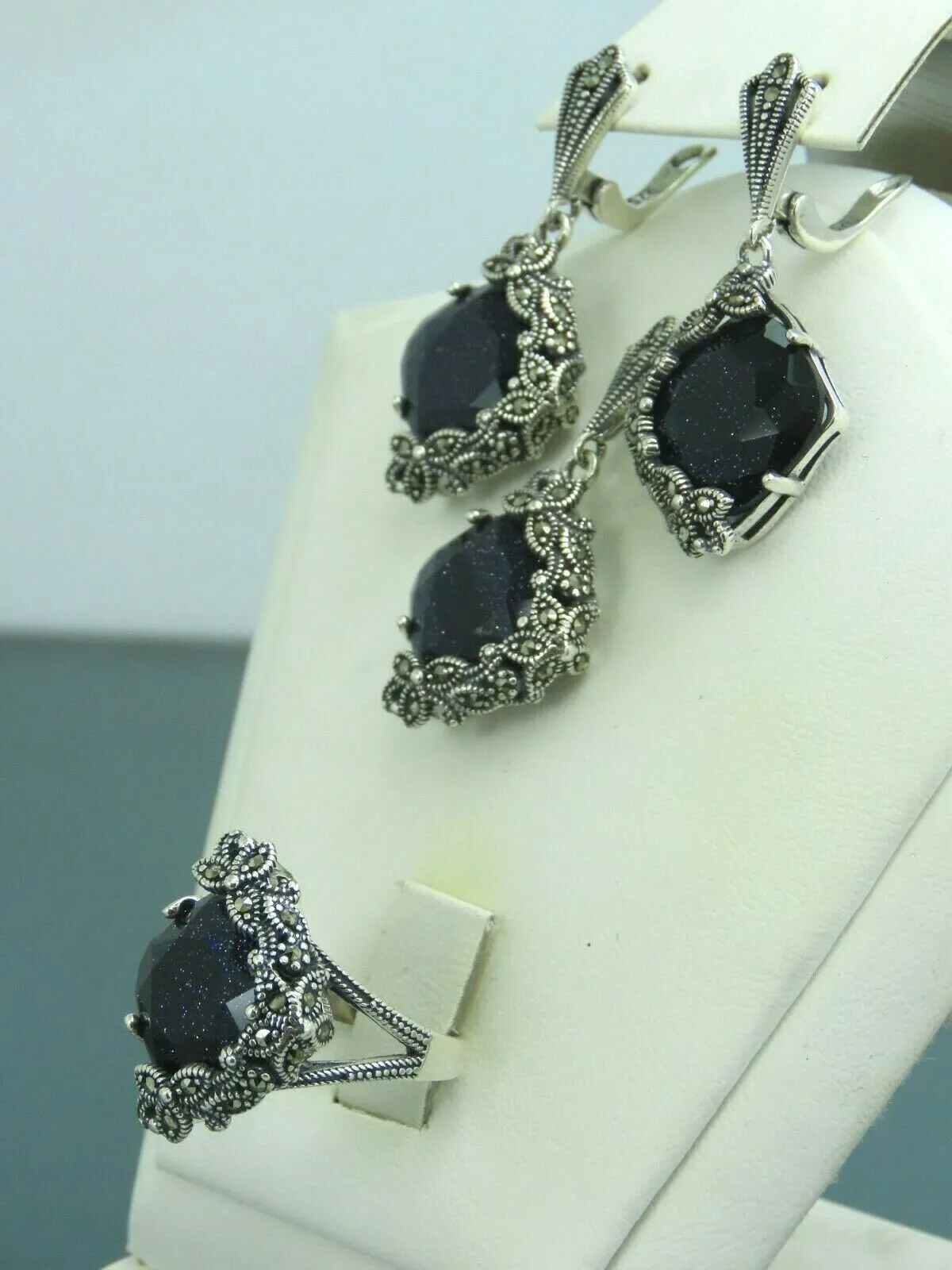 Turkish Handmade Jewelry 925 Sterling Silver Aventurine Stone Women's Earrings, Pendant & Ring Jewelry Set