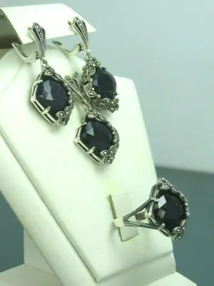 Turkish Handmade Jewelry 925 Sterling Silver Aventurine Stone Women's Earrings, Pendant & Ring Jewelry Set