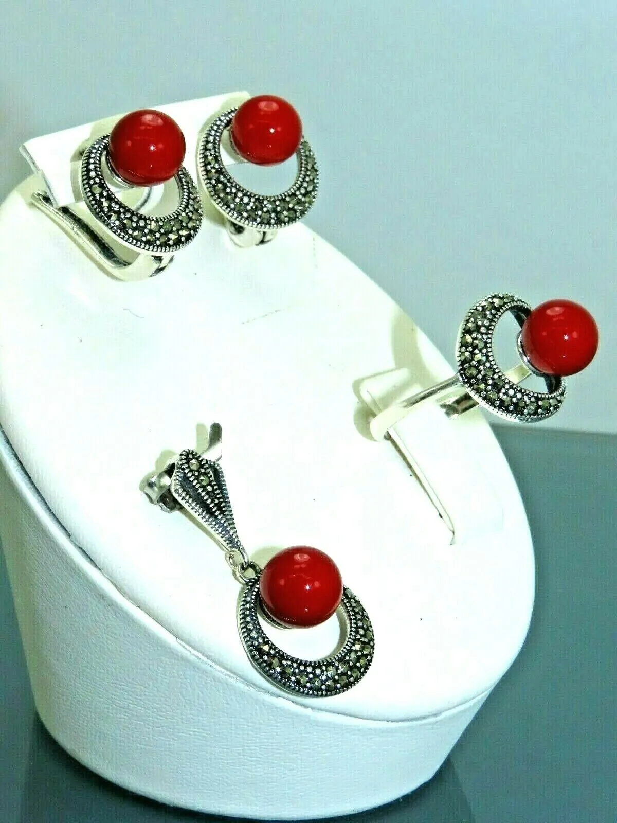 Turkish Handmade Jewelry 925 Sterling Silver Coral Stone Women's Earrings, Pendant & Ring Jewelry Set