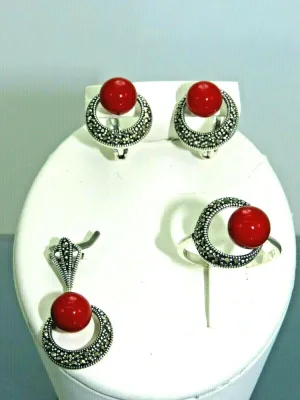 Turkish Handmade Jewelry 925 Sterling Silver Coral Stone Women's Earrings, Pendant & Ring Jewelry Set