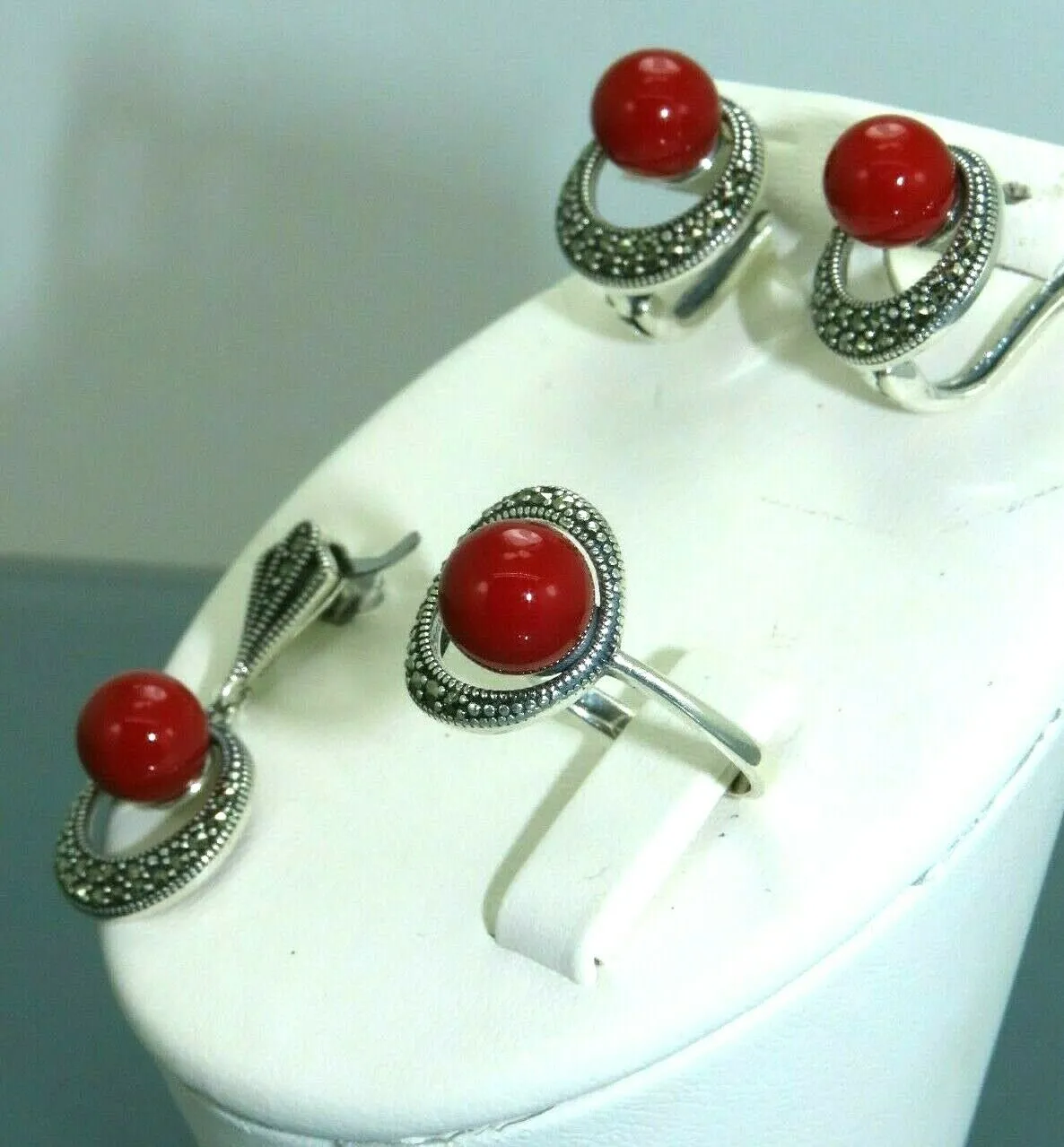 Turkish Handmade Jewelry 925 Sterling Silver Coral Stone Women's Earrings, Pendant & Ring Jewelry Set