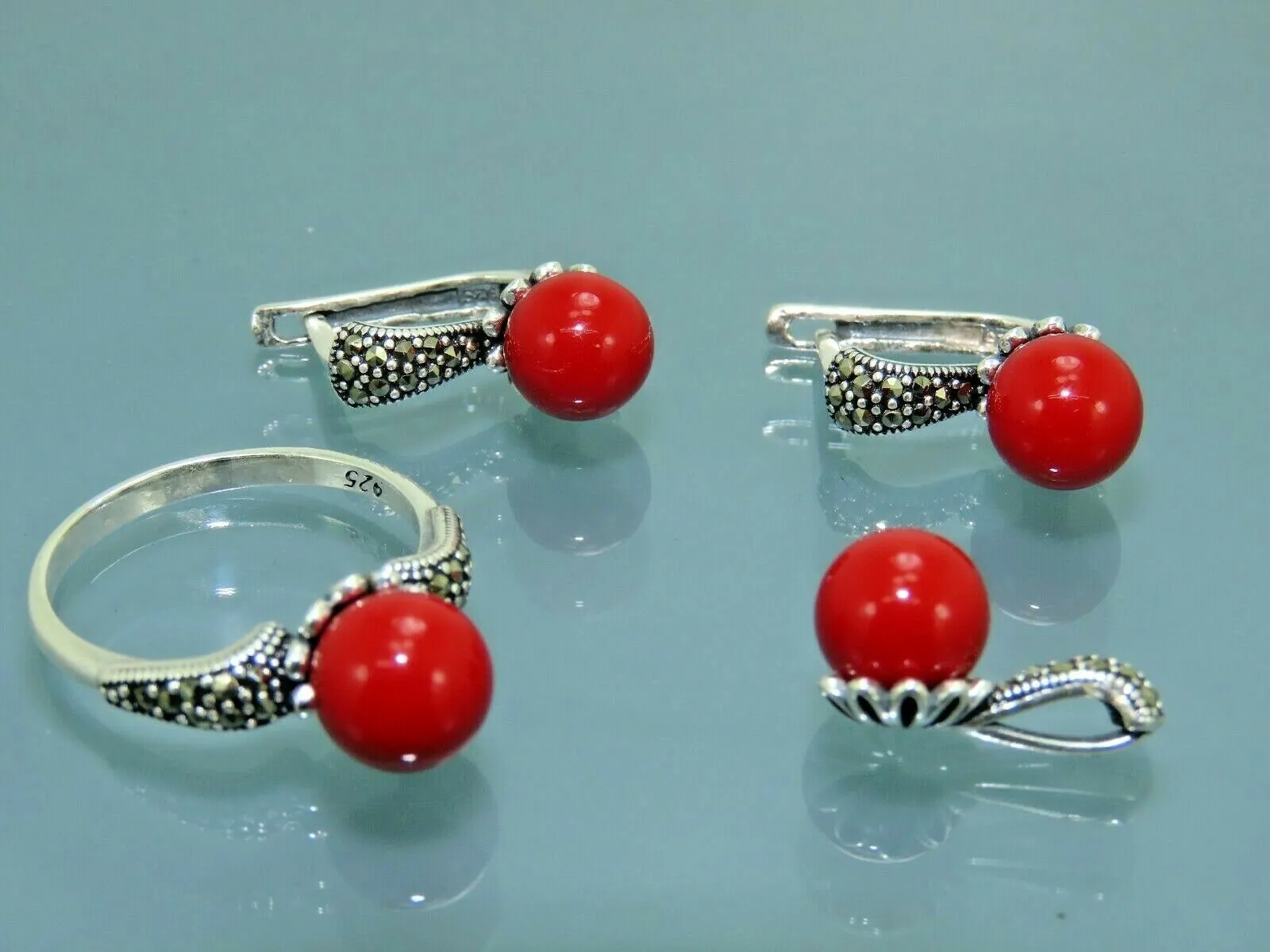 Turkish Handmade Jewelry 925 Sterling Silver Coral Stone Women's Earrings, Pendant & Ring Jewelry Set
