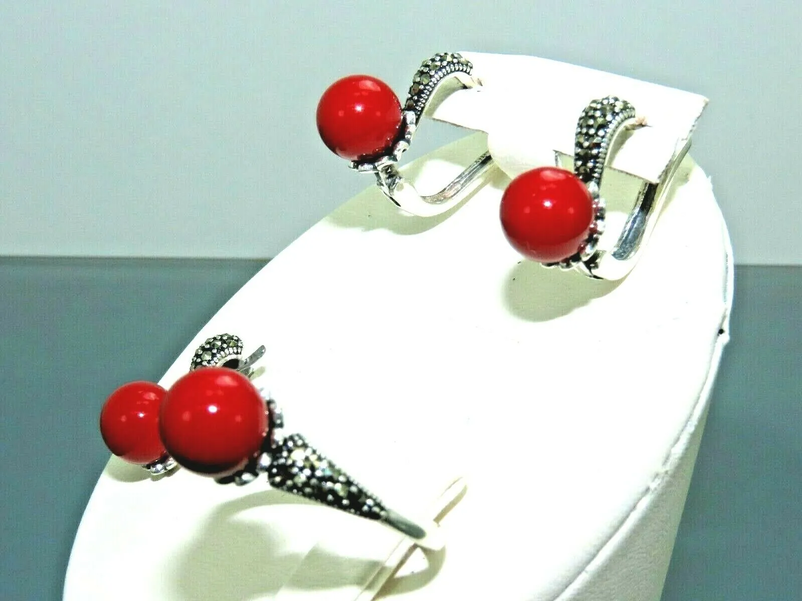 Turkish Handmade Jewelry 925 Sterling Silver Coral Stone Women's Earrings, Pendant & Ring Jewelry Set