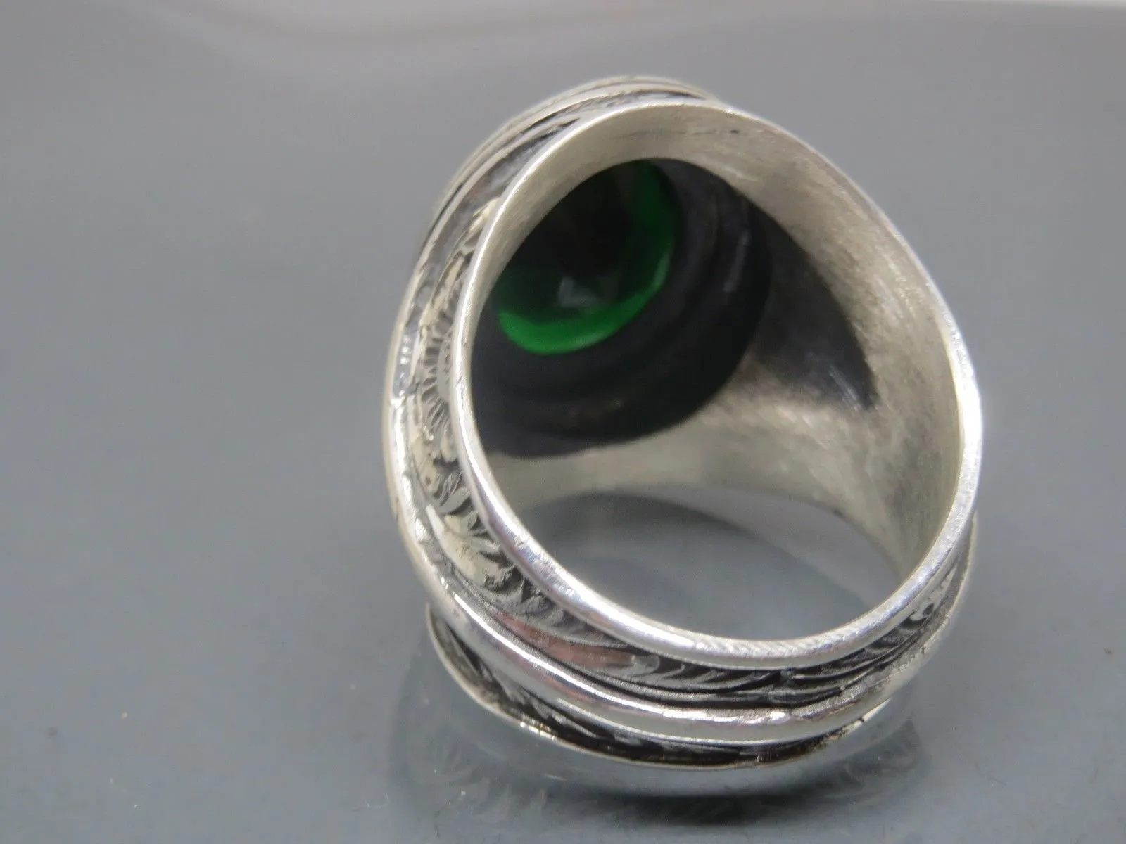 Turkish Handmade Jewelry 925 Sterling Silver Emerald Stone Engraved Mens Rings