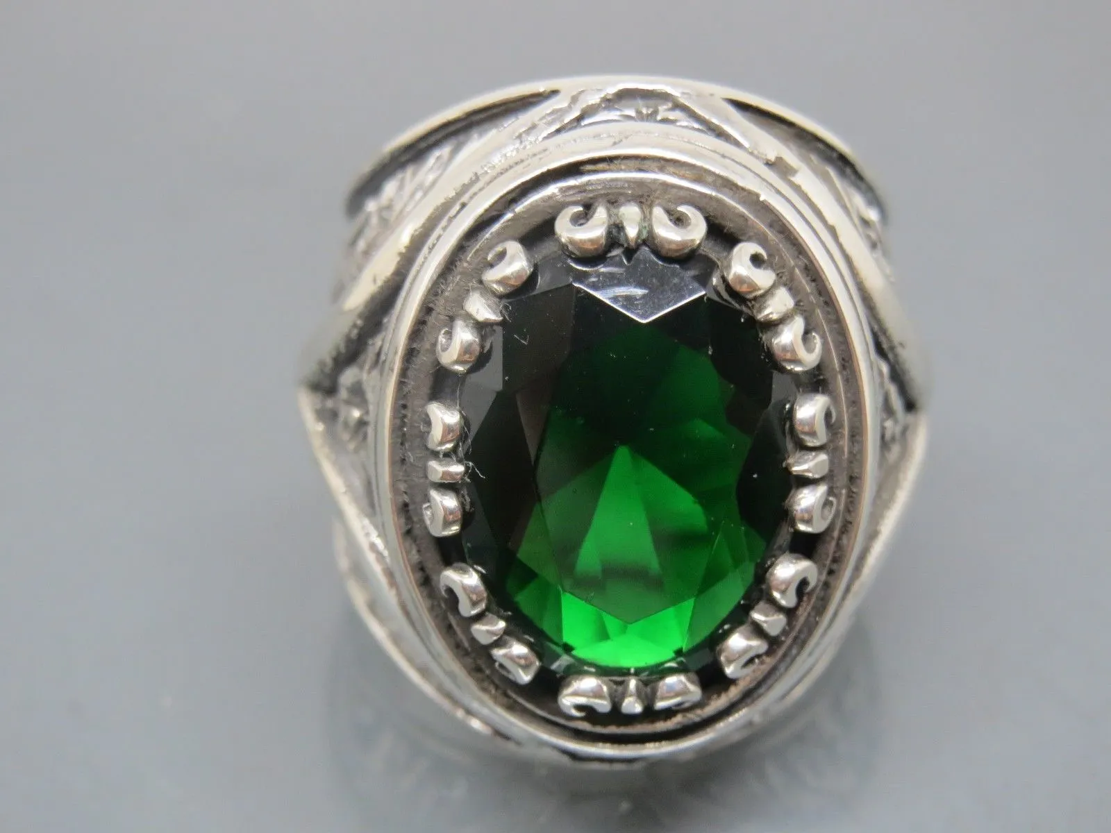 Turkish Handmade Jewelry 925 Sterling Silver Emerald Stone Engraved Mens Rings