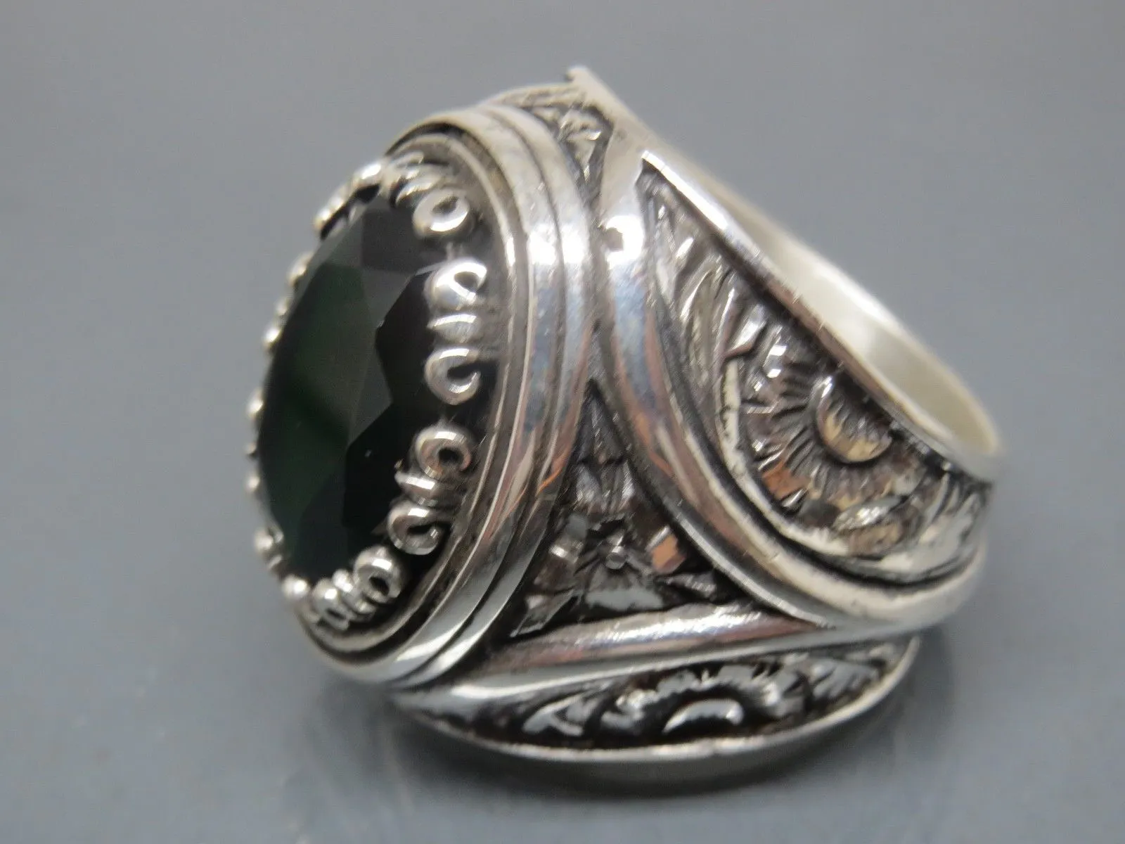 Turkish Handmade Jewelry 925 Sterling Silver Emerald Stone Engraved Mens Rings