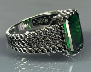 Turkish Handmade Jewelry 925 Sterling Silver Emerald Stone Mens Rings