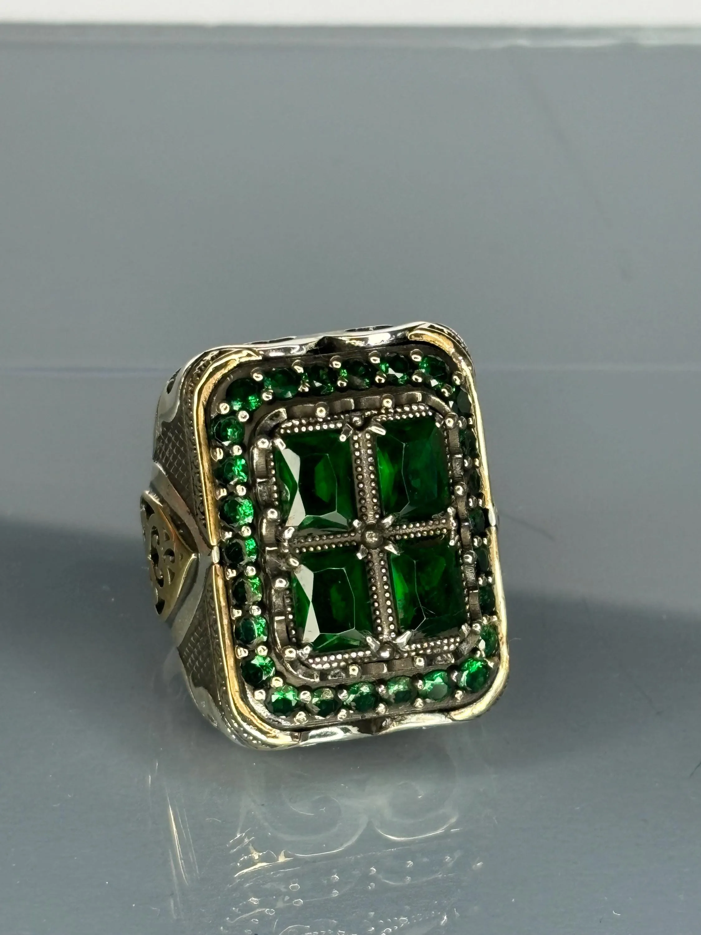 Turkish Handmade Jewelry 925 Sterling Silver Emerald Stone Mens Rings