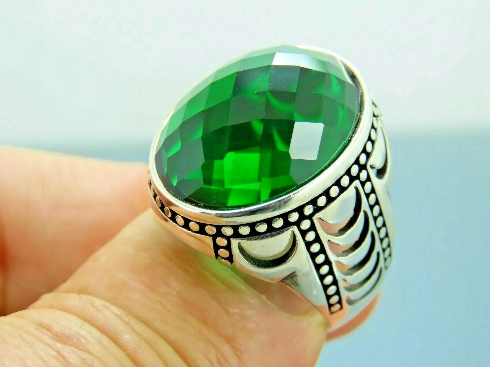 Turkish Handmade Jewelry 925 Sterling Silver Emerald Stone Mens Rings