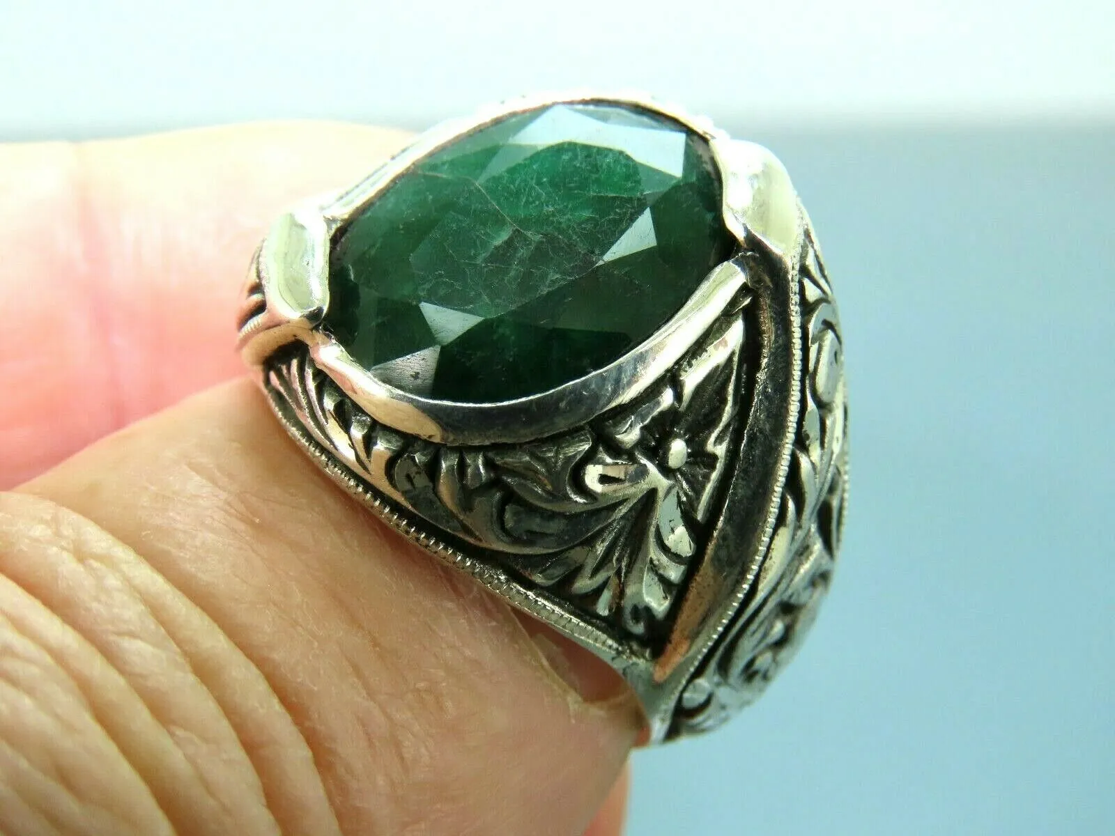 Turkish Handmade Jewelry 925 Sterling Silver Emerald Stone Mens Rings