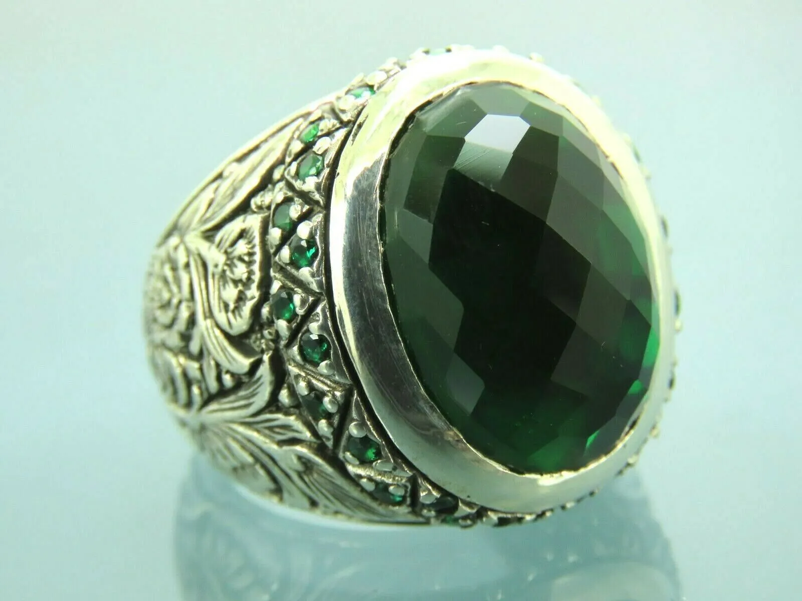 Turkish Handmade Jewelry 925 Sterling Silver Emerald Stone Mens Rings
