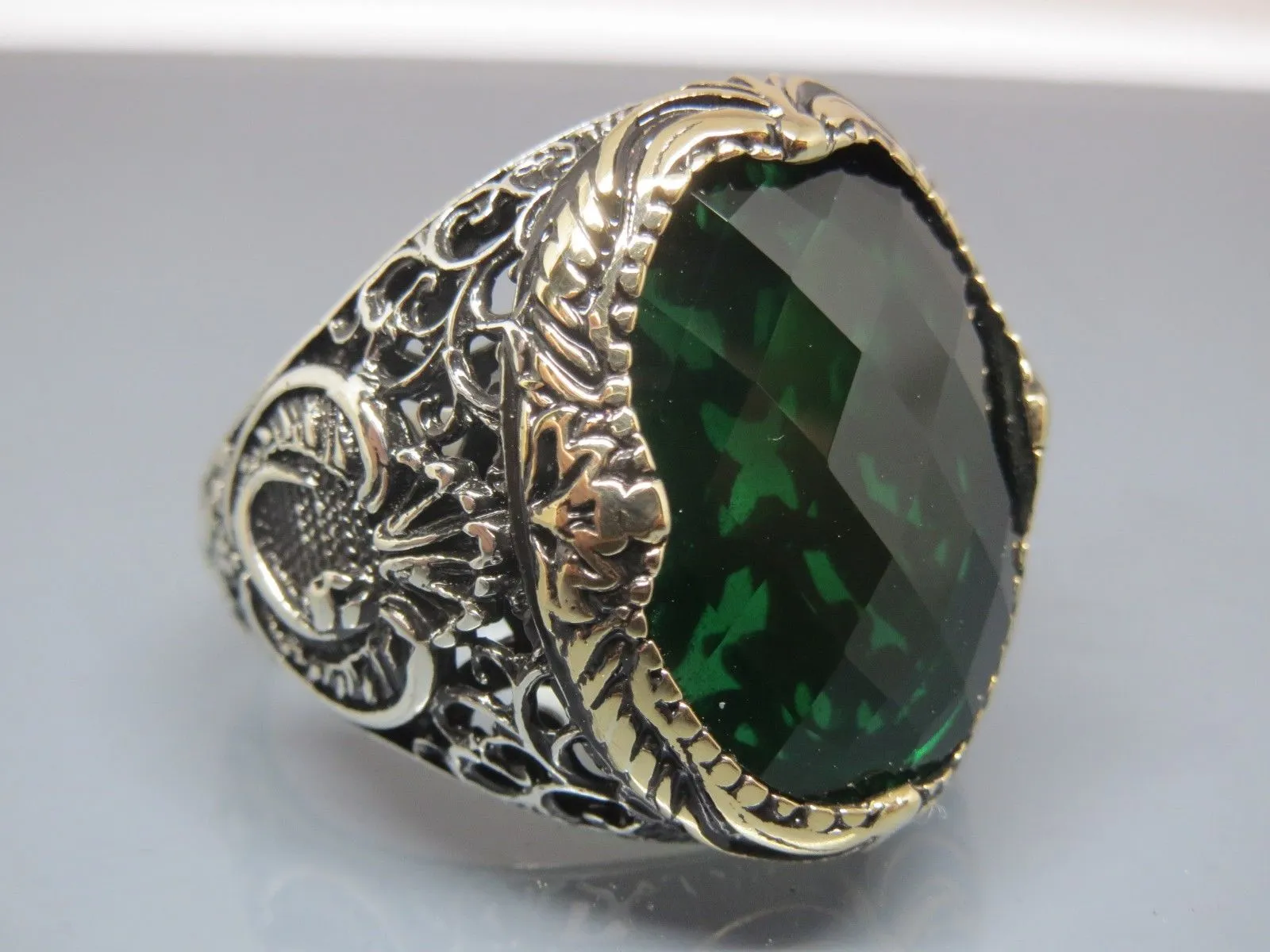 Turkish Handmade Jewelry 925 Sterling Silver Emerald Stone Mens Rings