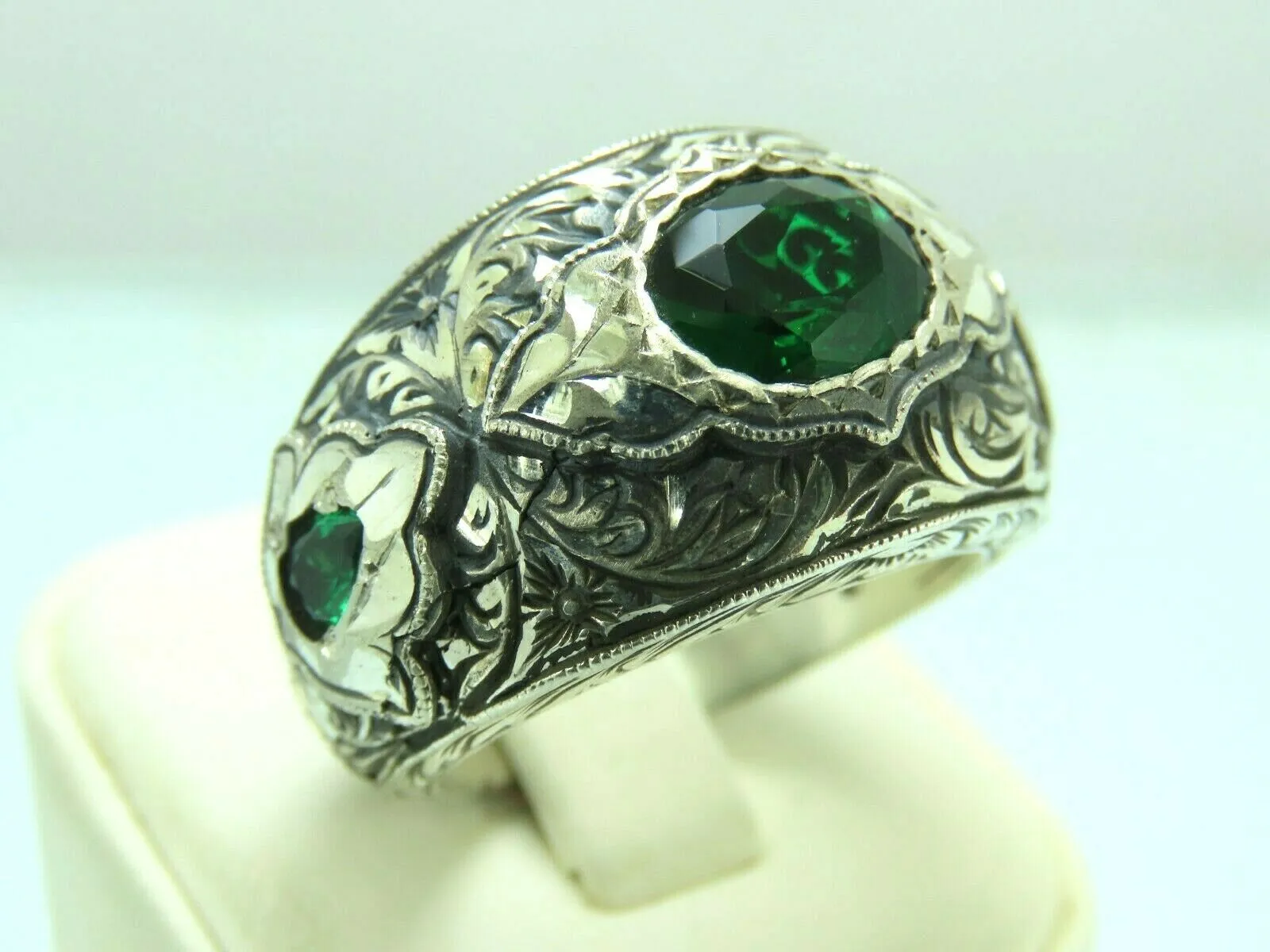 Turkish Handmade Jewelry 925 Sterling Silver Emerald Stone Mens Rings