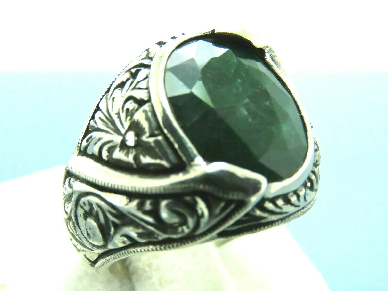 Turkish Handmade Jewelry 925 Sterling Silver Emerald Stone Mens Rings