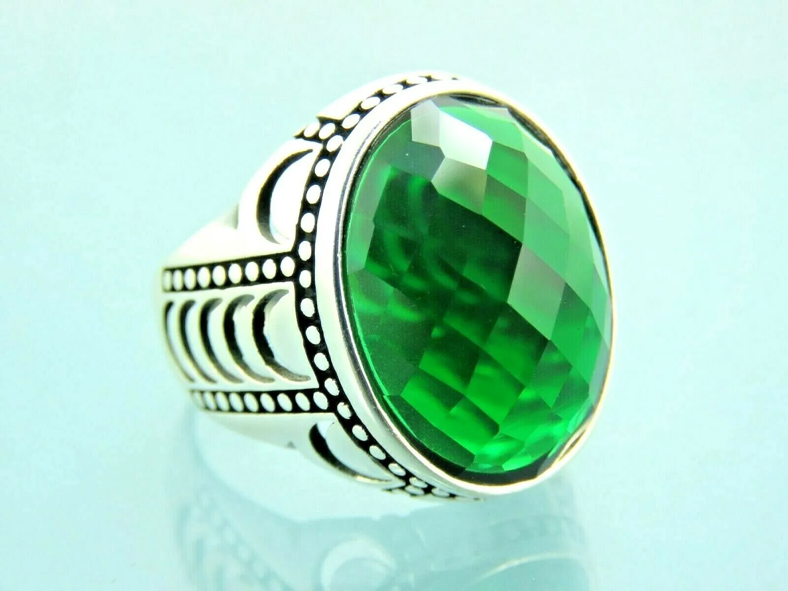 Turkish Handmade Jewelry 925 Sterling Silver Emerald Stone Mens Rings