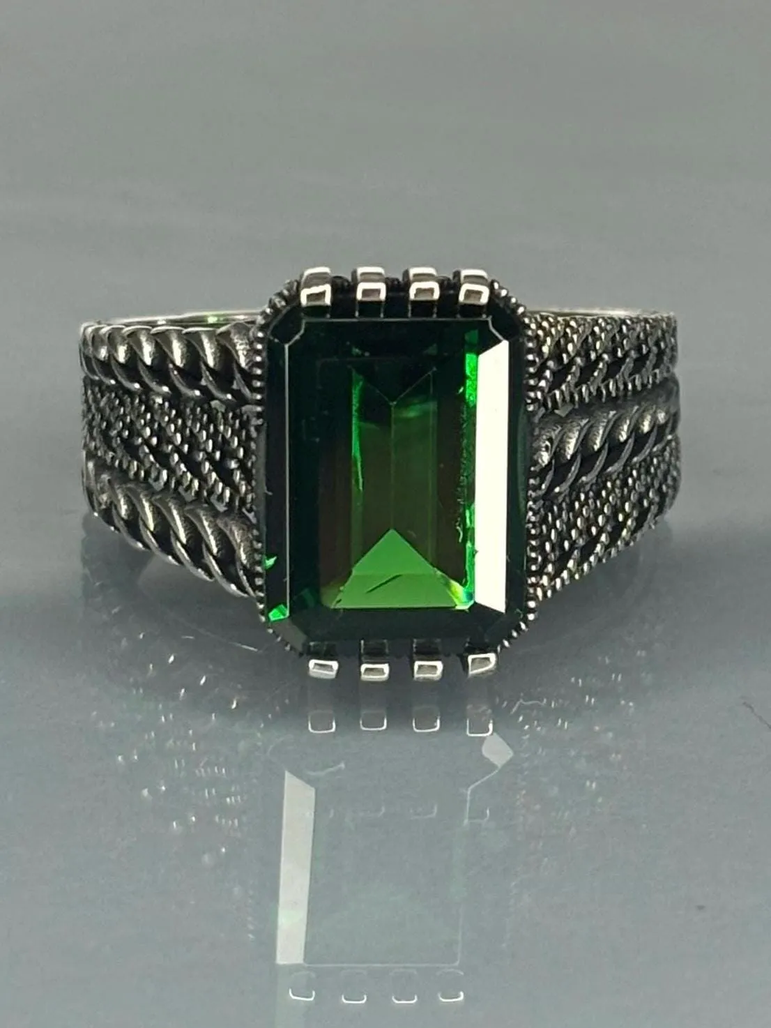 Turkish Handmade Jewelry 925 Sterling Silver Emerald Stone Mens Rings