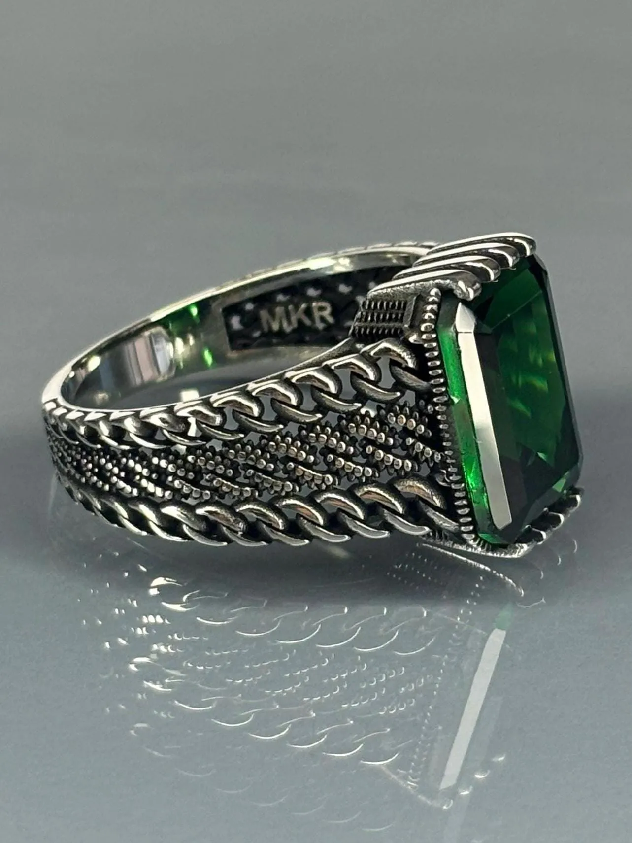Turkish Handmade Jewelry 925 Sterling Silver Emerald Stone Mens Rings