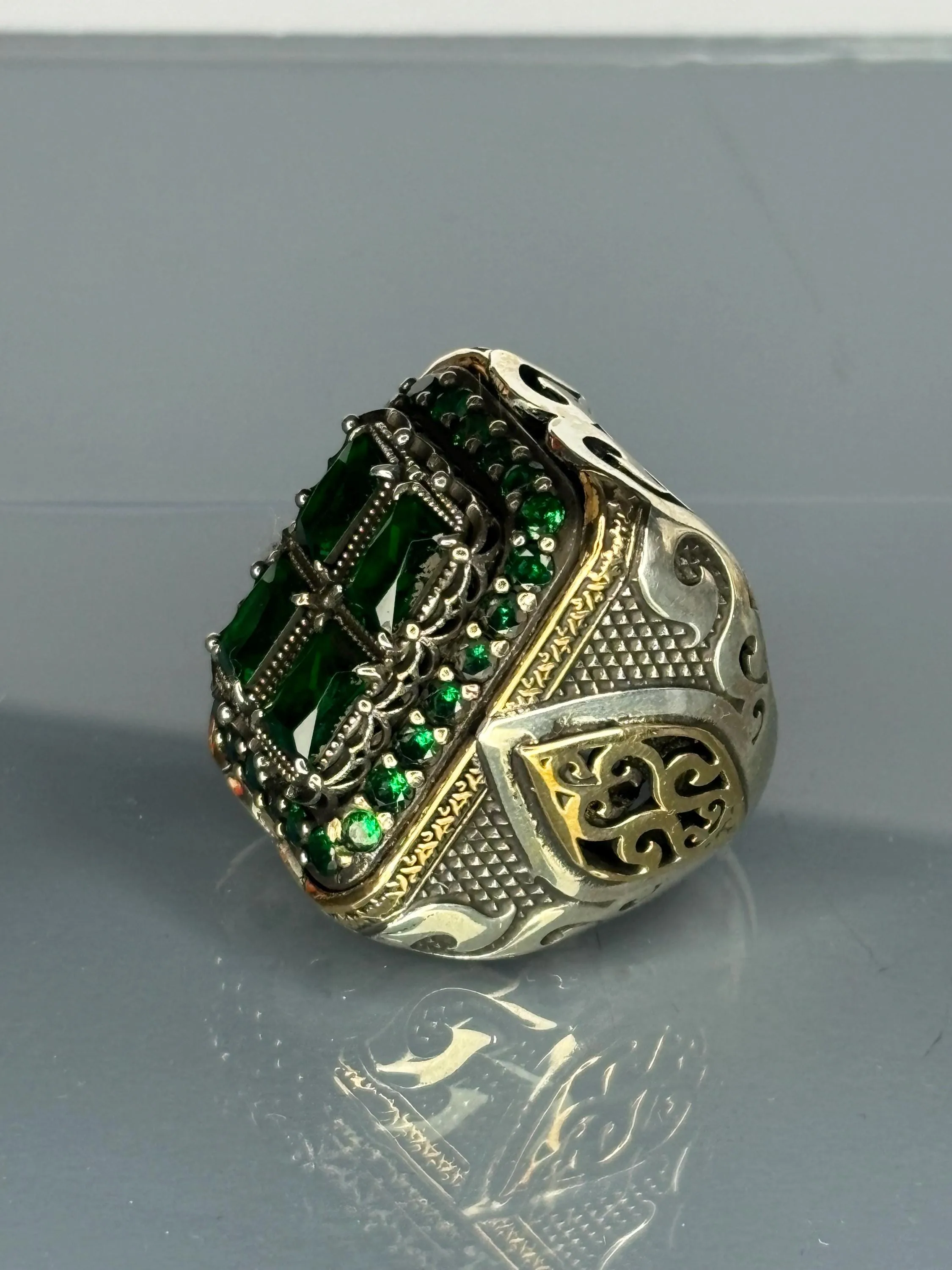 Turkish Handmade Jewelry 925 Sterling Silver Emerald Stone Mens Rings