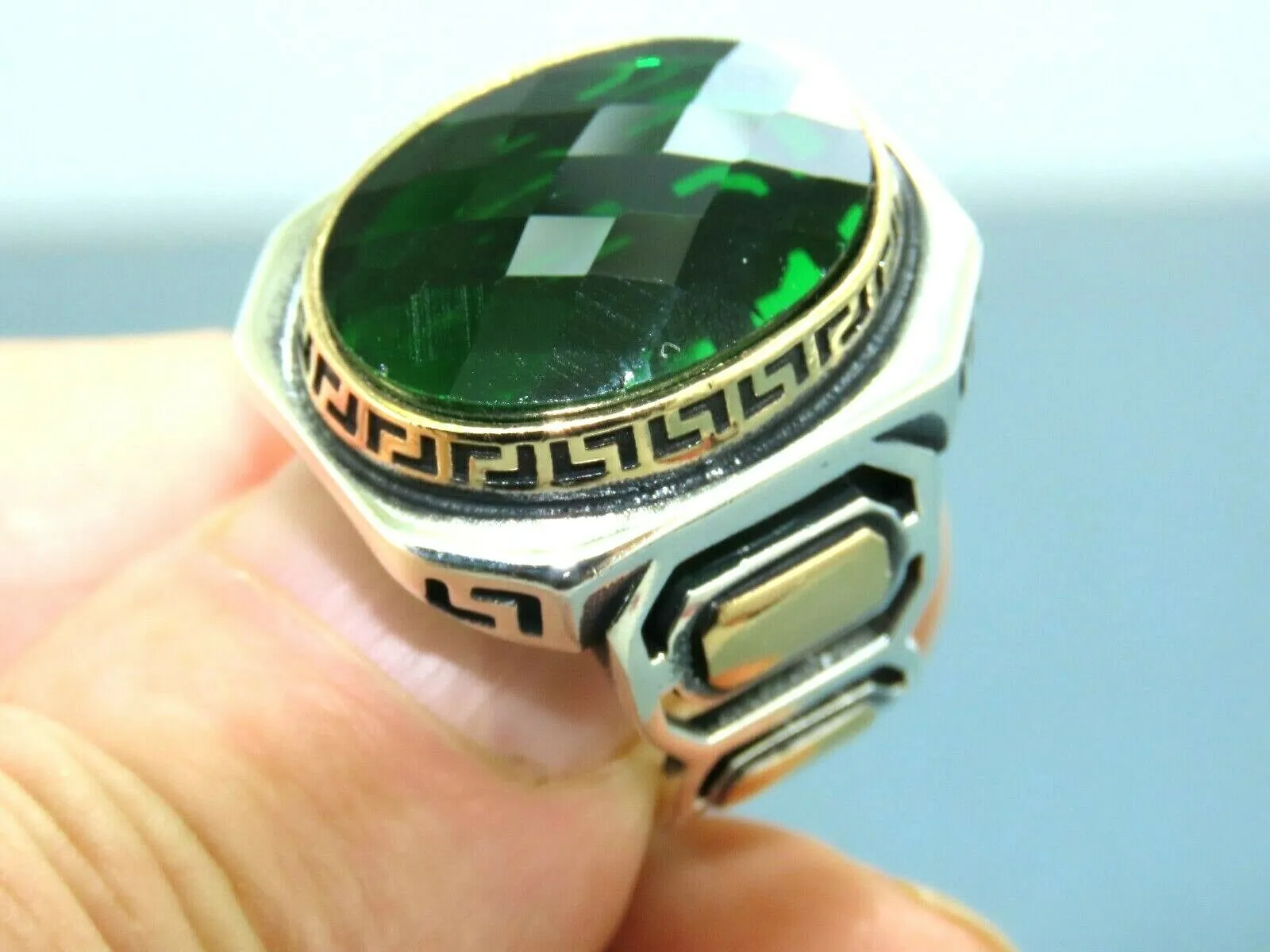 Turkish Handmade Jewelry 925 Sterling Silver Emerald Stone Mens Rings