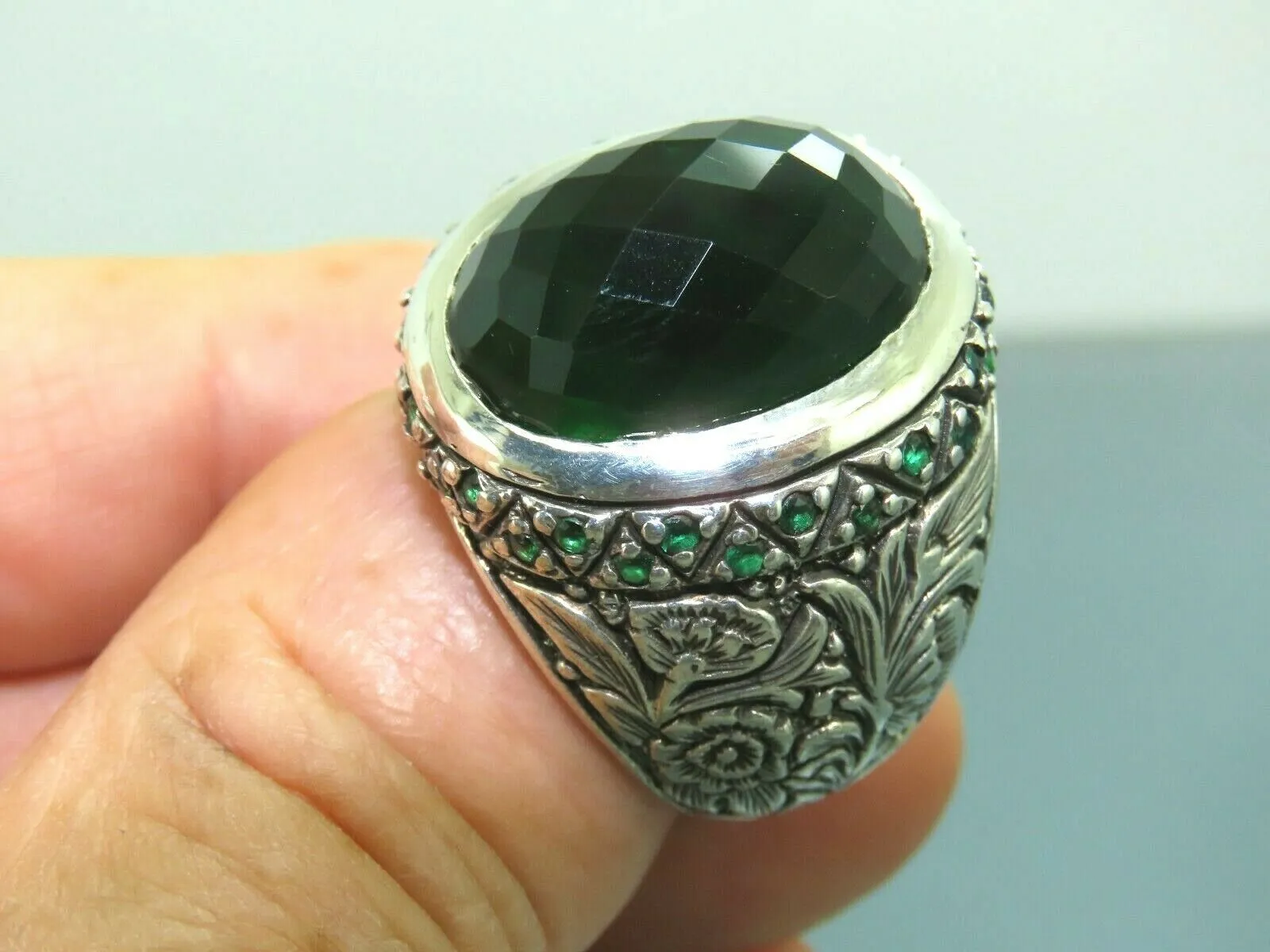 Turkish Handmade Jewelry 925 Sterling Silver Emerald Stone Mens Rings