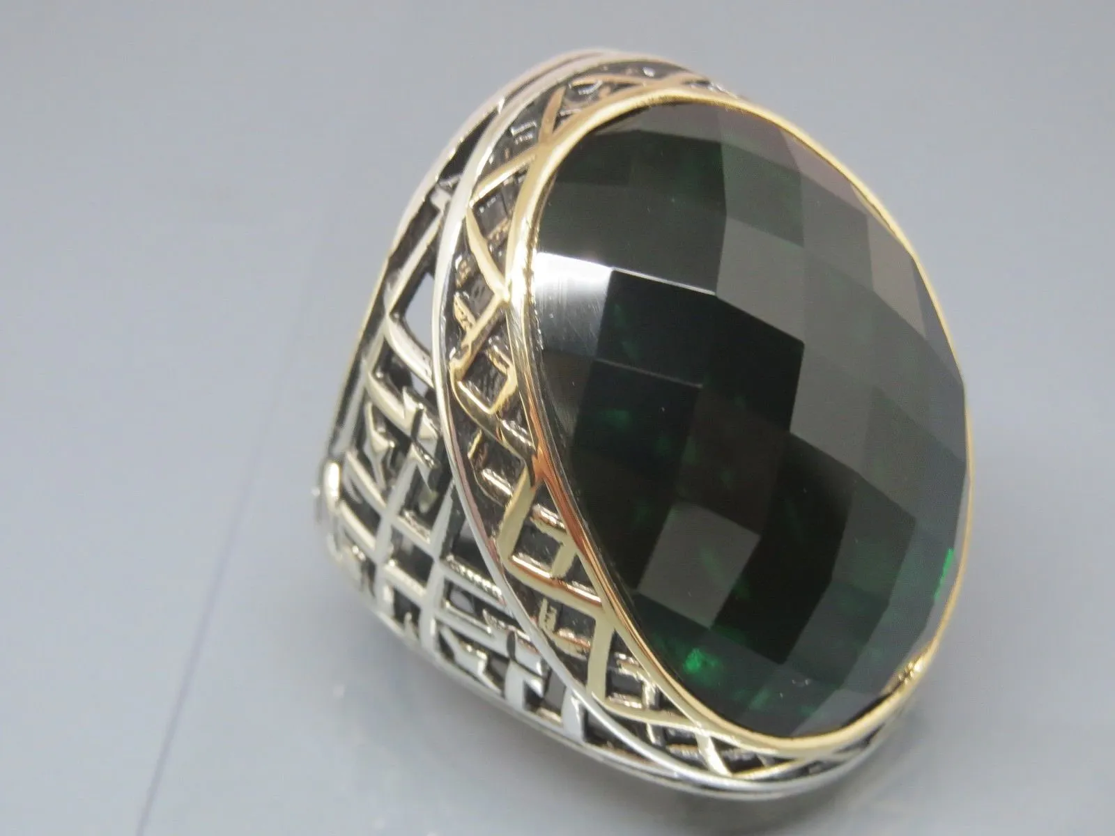Turkish Handmade Jewelry 925 Sterling Silver Emerald Stone Mens Rings