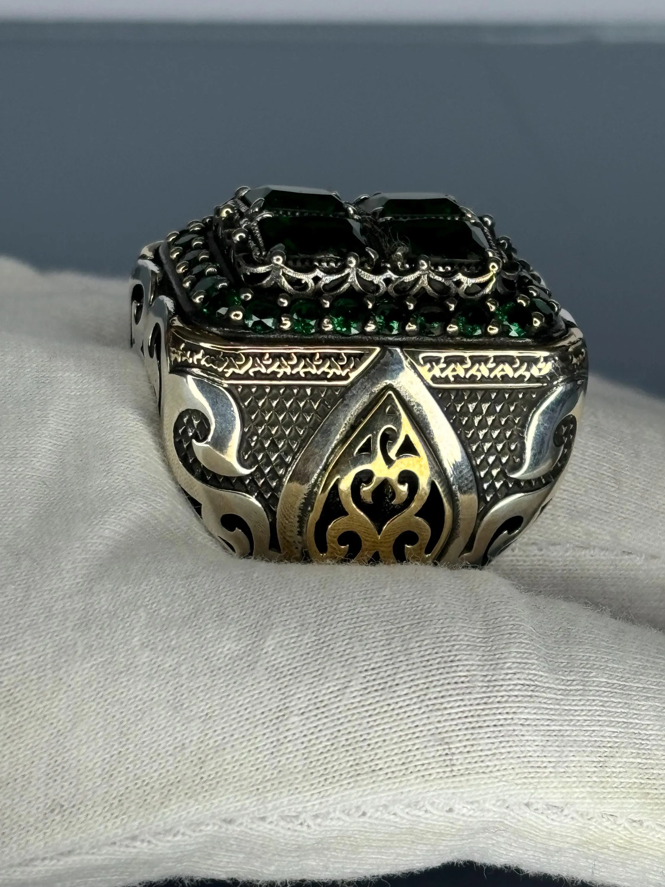 Turkish Handmade Jewelry 925 Sterling Silver Emerald Stone Mens Rings