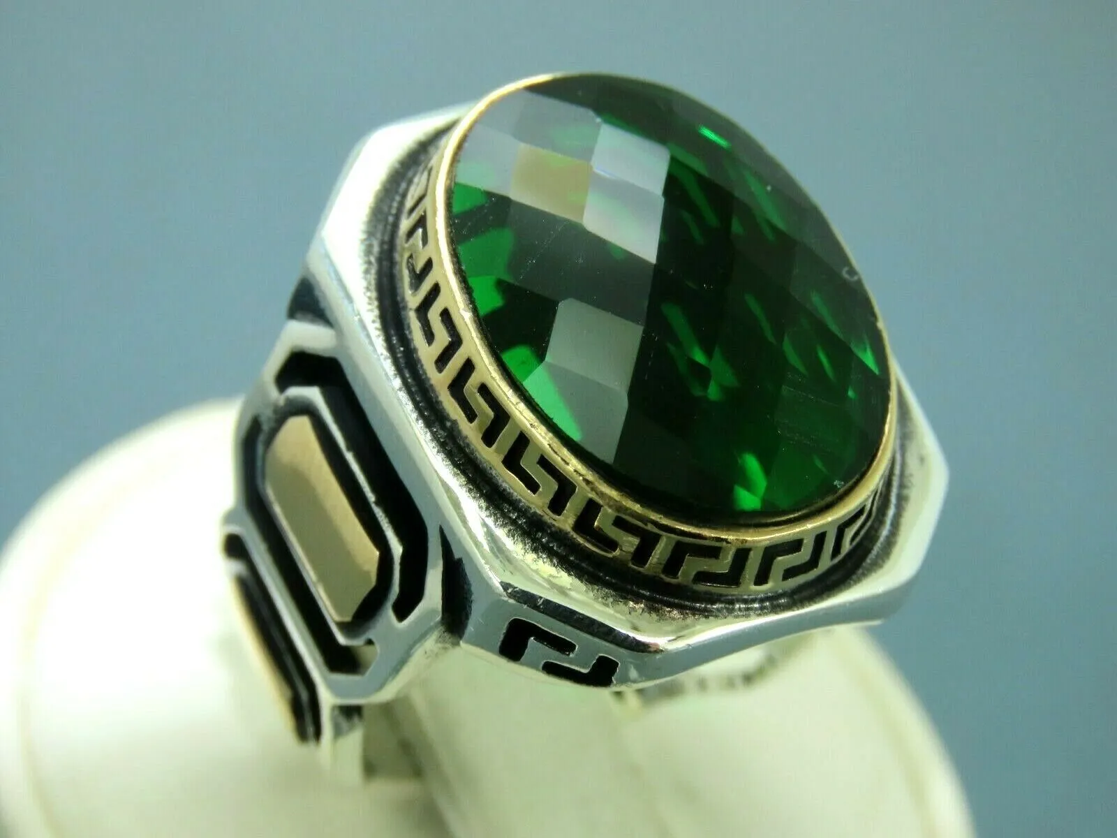 Turkish Handmade Jewelry 925 Sterling Silver Emerald Stone Mens Rings