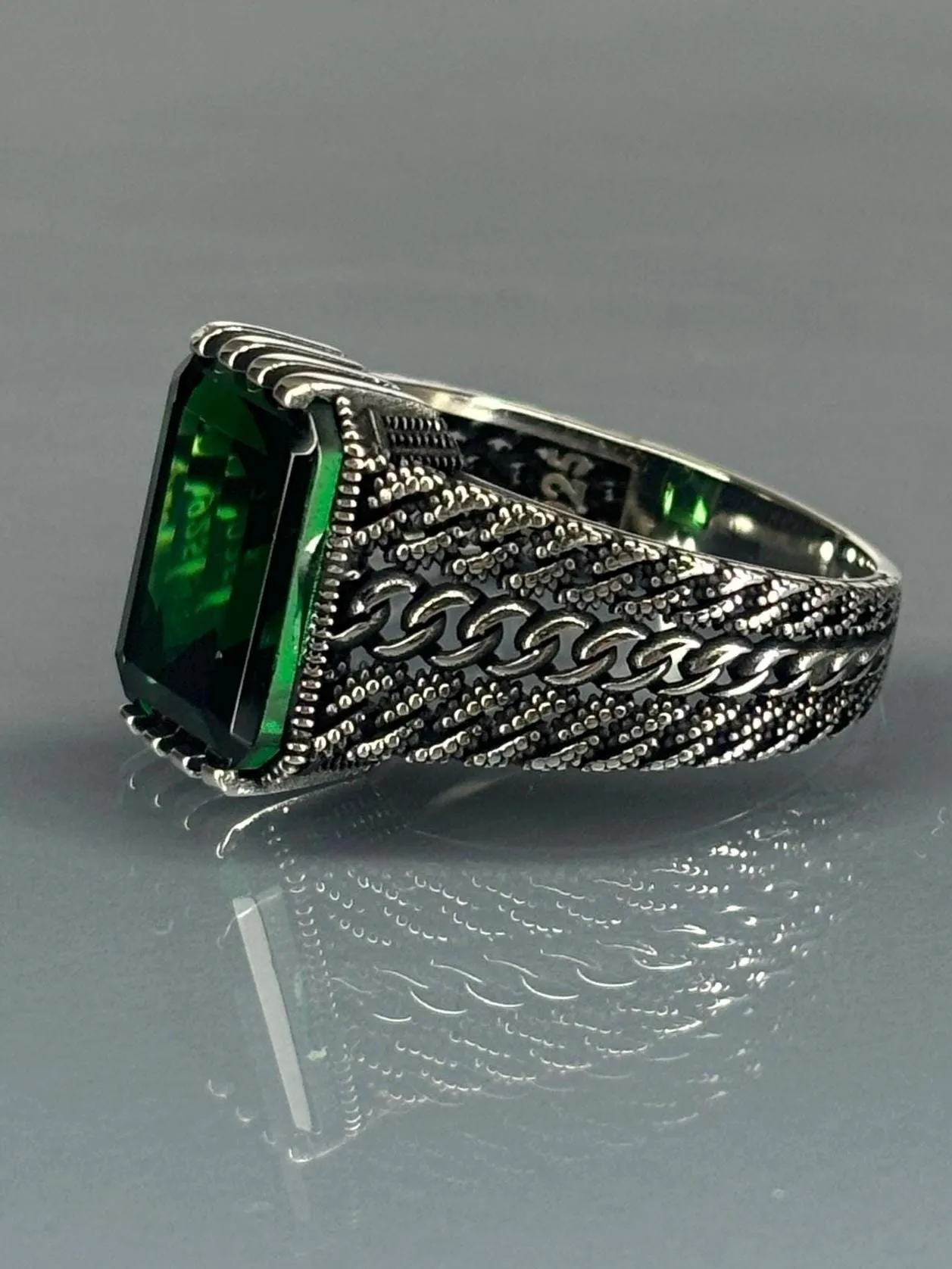 Turkish Handmade Jewelry 925 Sterling Silver Emerald Stone Mens Rings