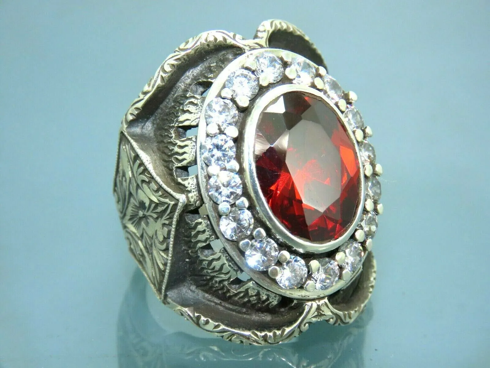 Turkish Handmade Jewelry 925 Sterling Silver Garnet Stone Mens Rings
