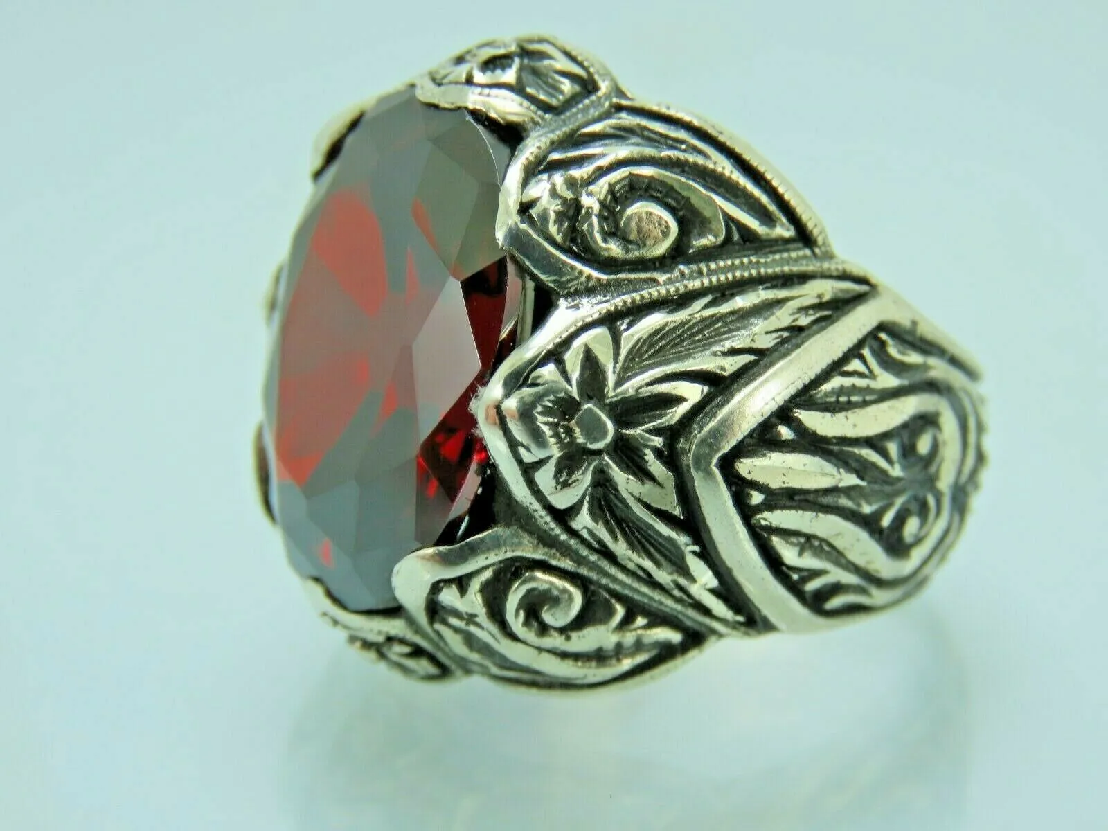 Turkish Handmade Jewelry 925 Sterling Silver Garnet Stone Mens Rings